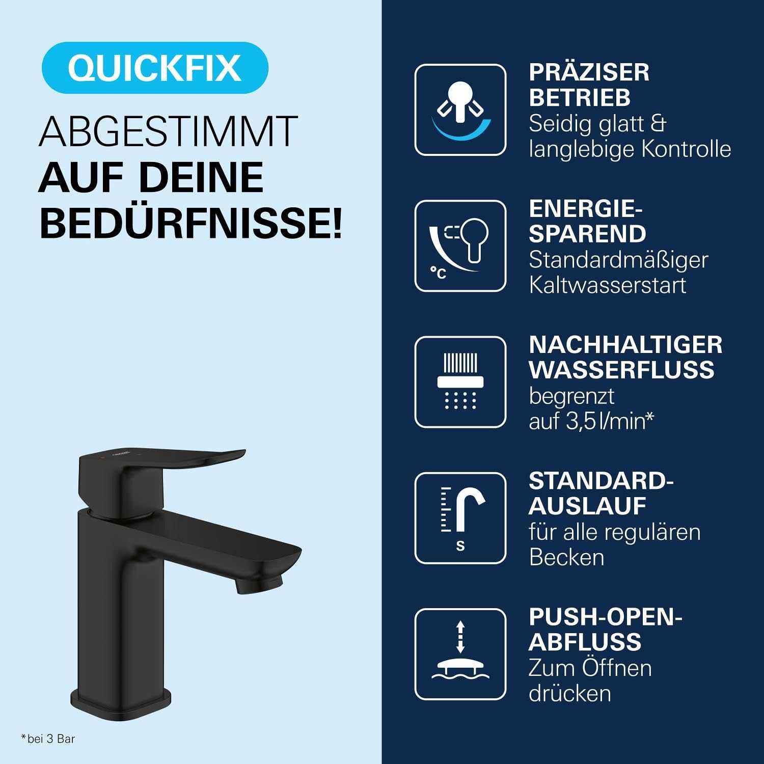 GROHE Dice, energiesparende Waschtischarmatur 3,5l/min, Kaltwasser in Mittelstellung (Wasserhahn für das Bad, 15cm hoch, Push-Open Ablauf, 3in1 Tool, einfache Installation), mattschwarz, 1018602430