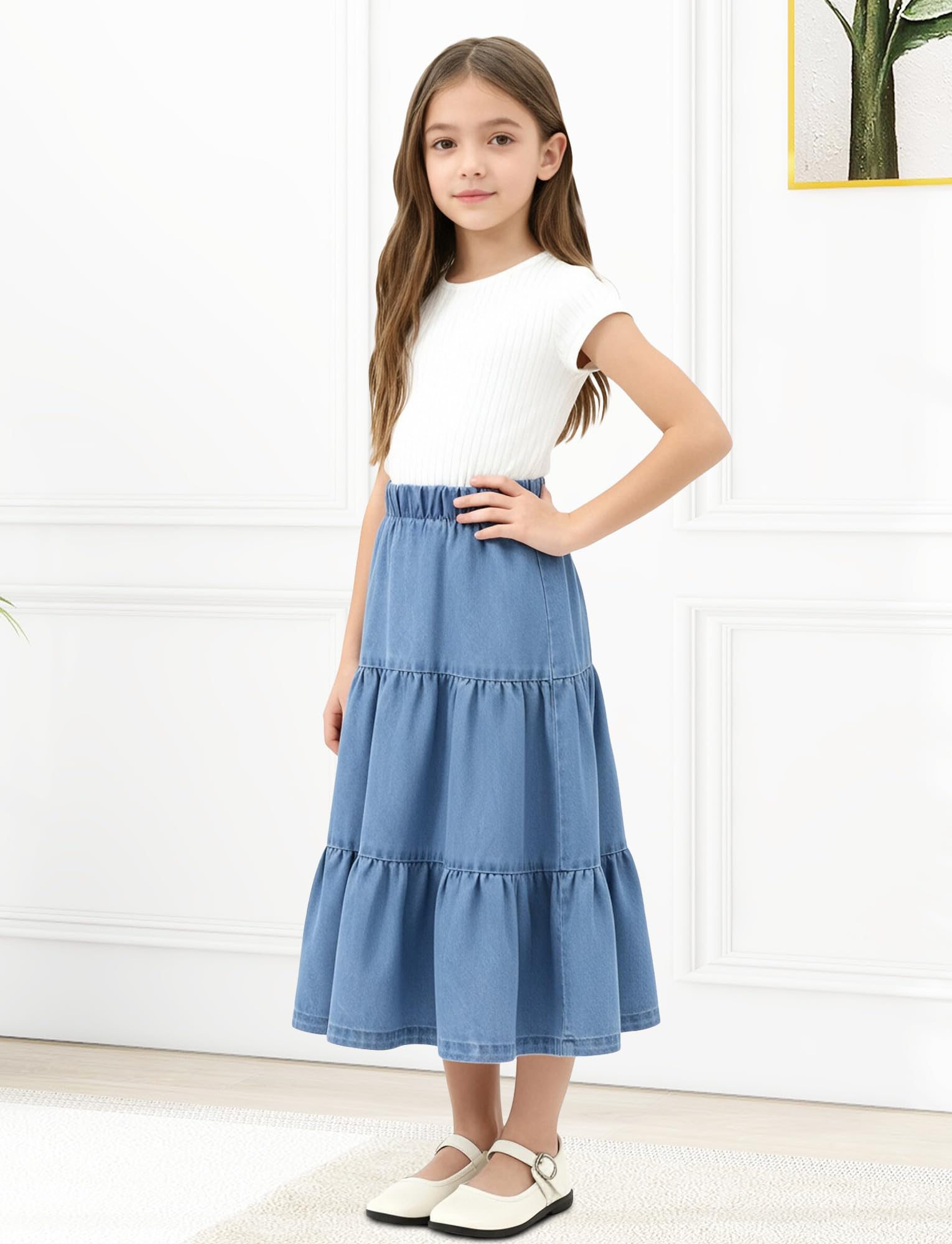 Gonna in denim elastica a vita alta con pieghe a balze a balze lunga swing maxi gonna di jeans vintage per bambini