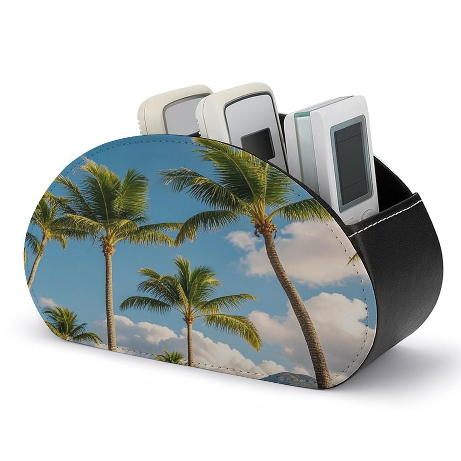 FekiLoot Tropical Palm Tree Remote Control Holder PU Leather Tabletop Organizer with 5 Compartments Storage Tray & Desktop Organizer for TV Remotes Glasses Pens