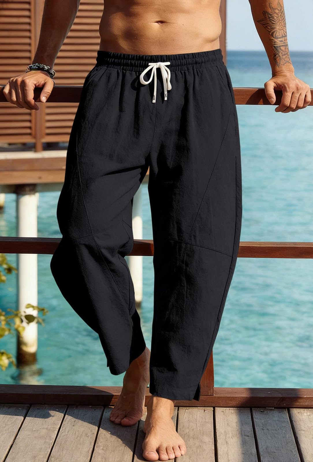 Pantalón de Lino y Algodón para Hombre Harén Curvo Bolsillos Baggy Casual Tiro Bajo Streetwear Verano