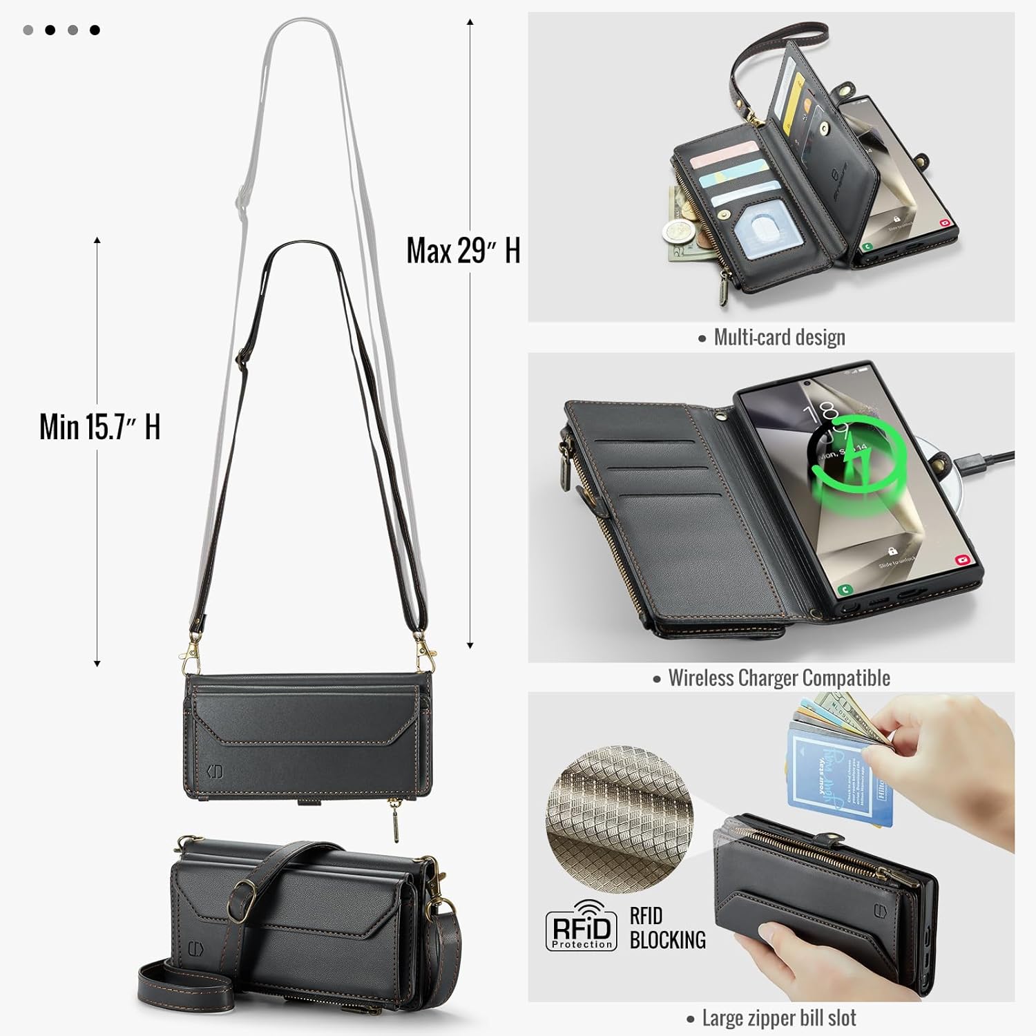 Strapurs Wallet Case Compatible with Samsung Galaxy S24 Ultra 5G RFID Blocking 10-Card Holder Soft PU Leather Magnetic Snap Strap Zipper Pocket Phone Case Fit for Galaxy S24 Ultra - Black