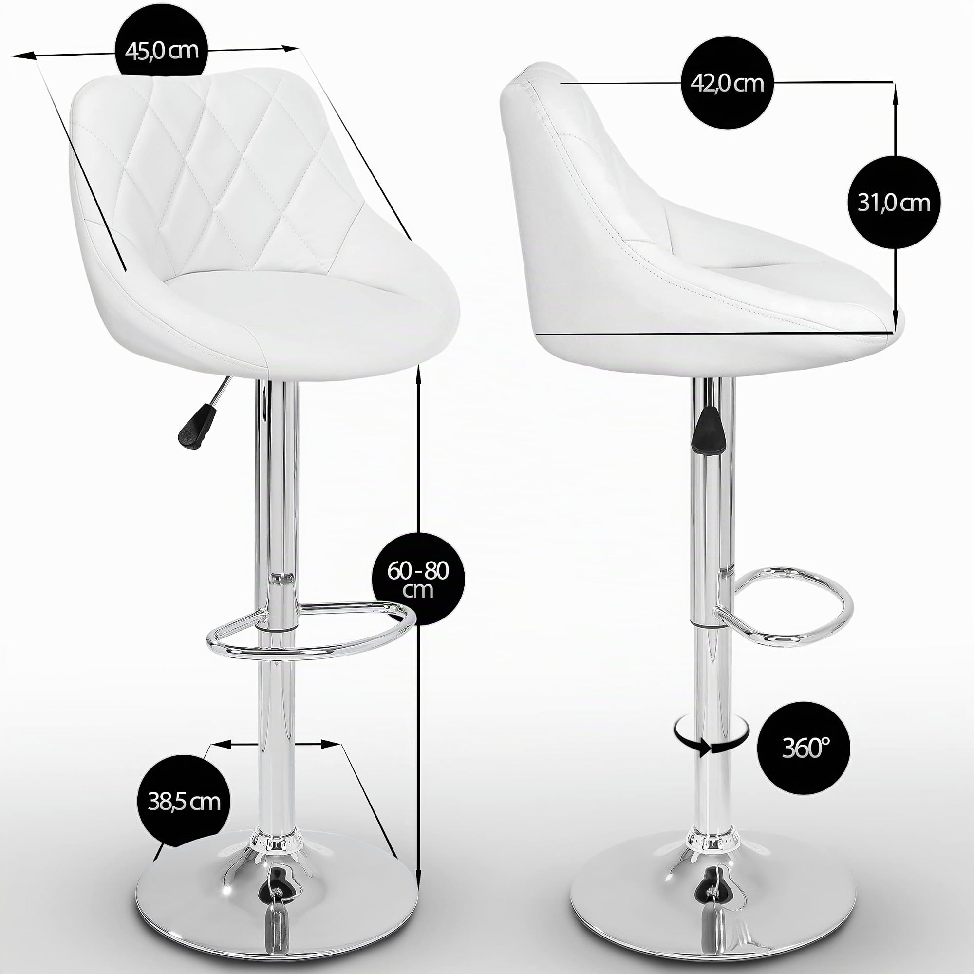 TRESKO® Set di 2 Sgabelli-Bar moderni, Sedia Bar, Sgabello Lounge con schienale, 10 colori diversi, cromato, rotazione libera a 360 °, la regolazione in altezza dei sedili 60,0-80,0 cm (2x bianco)