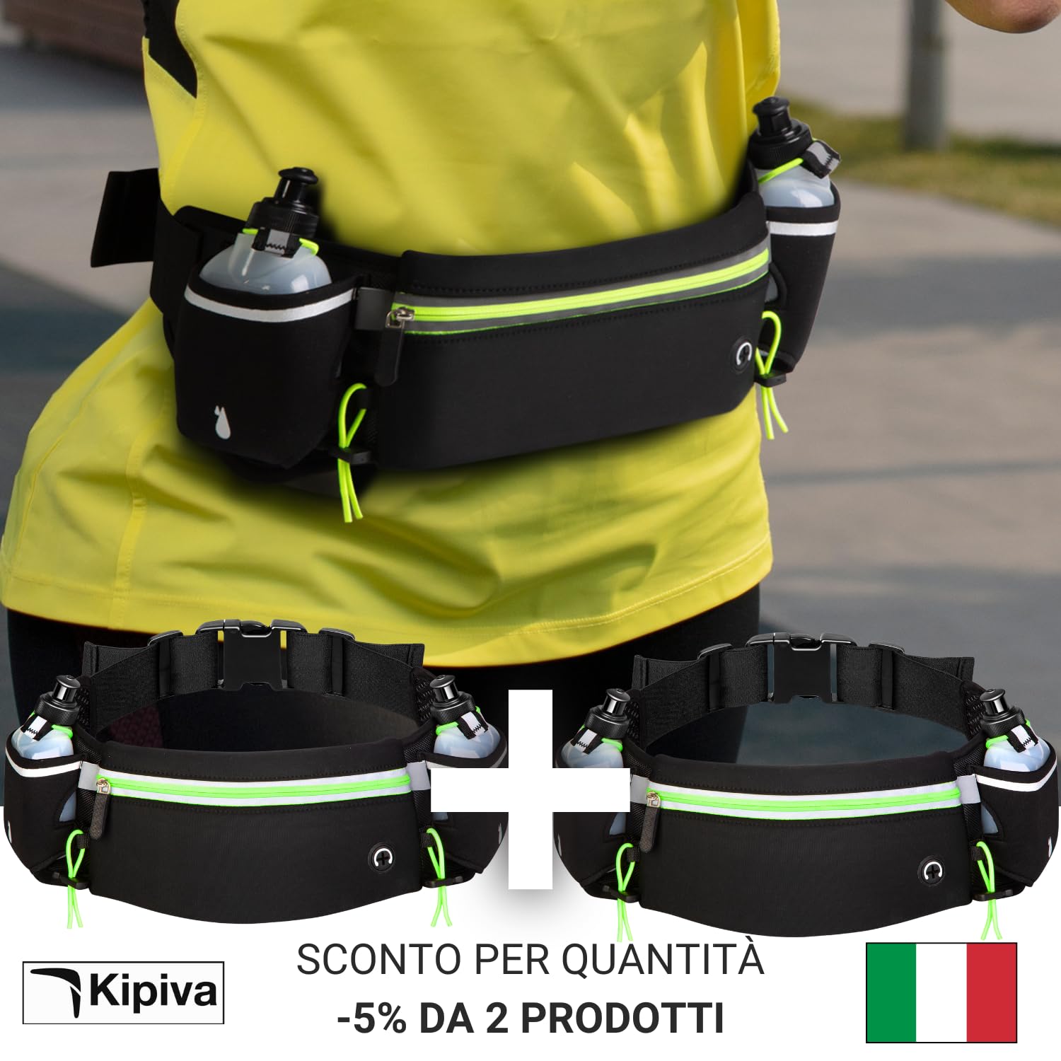 Porta Acqua Running Verde Cintura Trail Running Marsupio con Portaborraccia 175 ml +2 Borracce Incluse