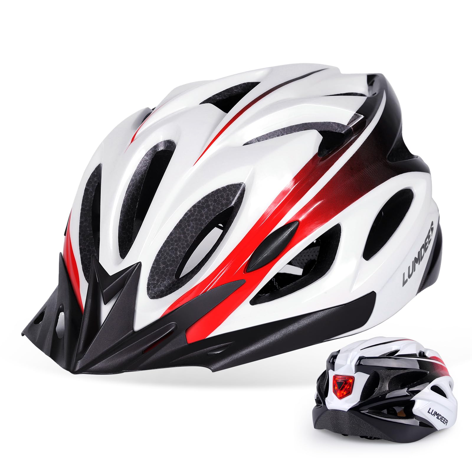 LUMDEER Fahrradhelm Herren Damen mit Licht Rennrad Abnehmbarer Sonnenblende Fahrradhelm Erwachsene mit Rücklicht Radhelm mit 18 Belüftungskanäle MTB Helm Einstellbare Fahrradhelme