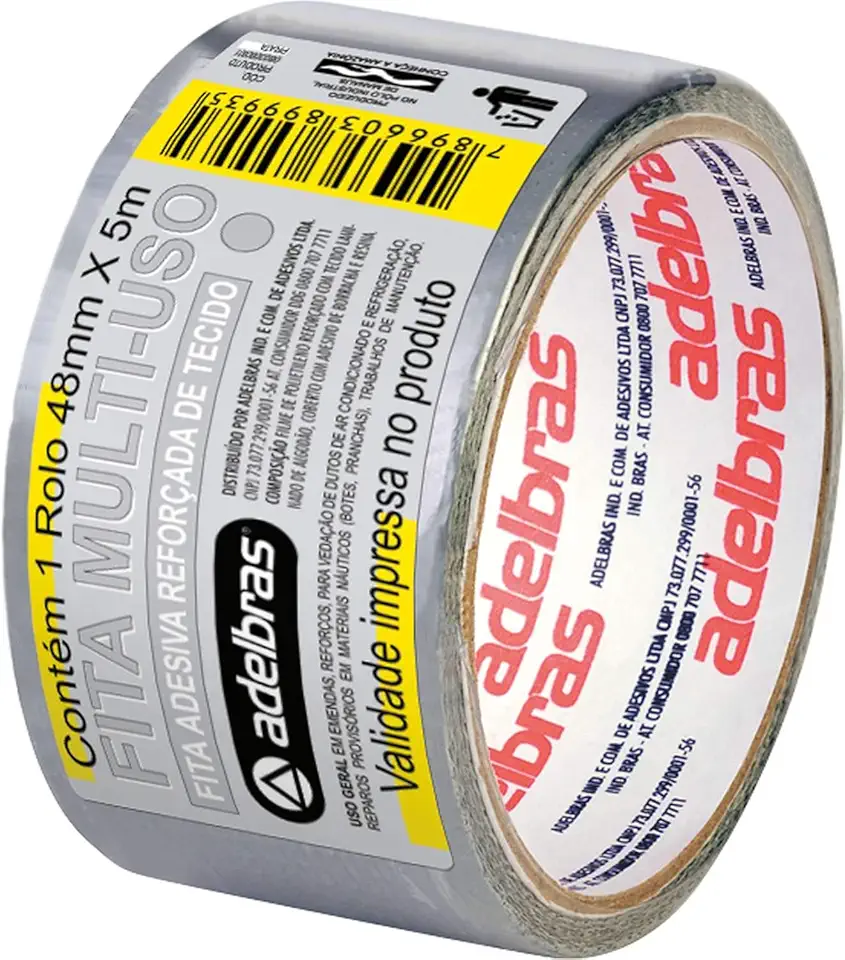 Adelbras Silver Tape Fita Adesiva Reforçada Multiuso de Tecido, Cinza, 48 mm x 5 m