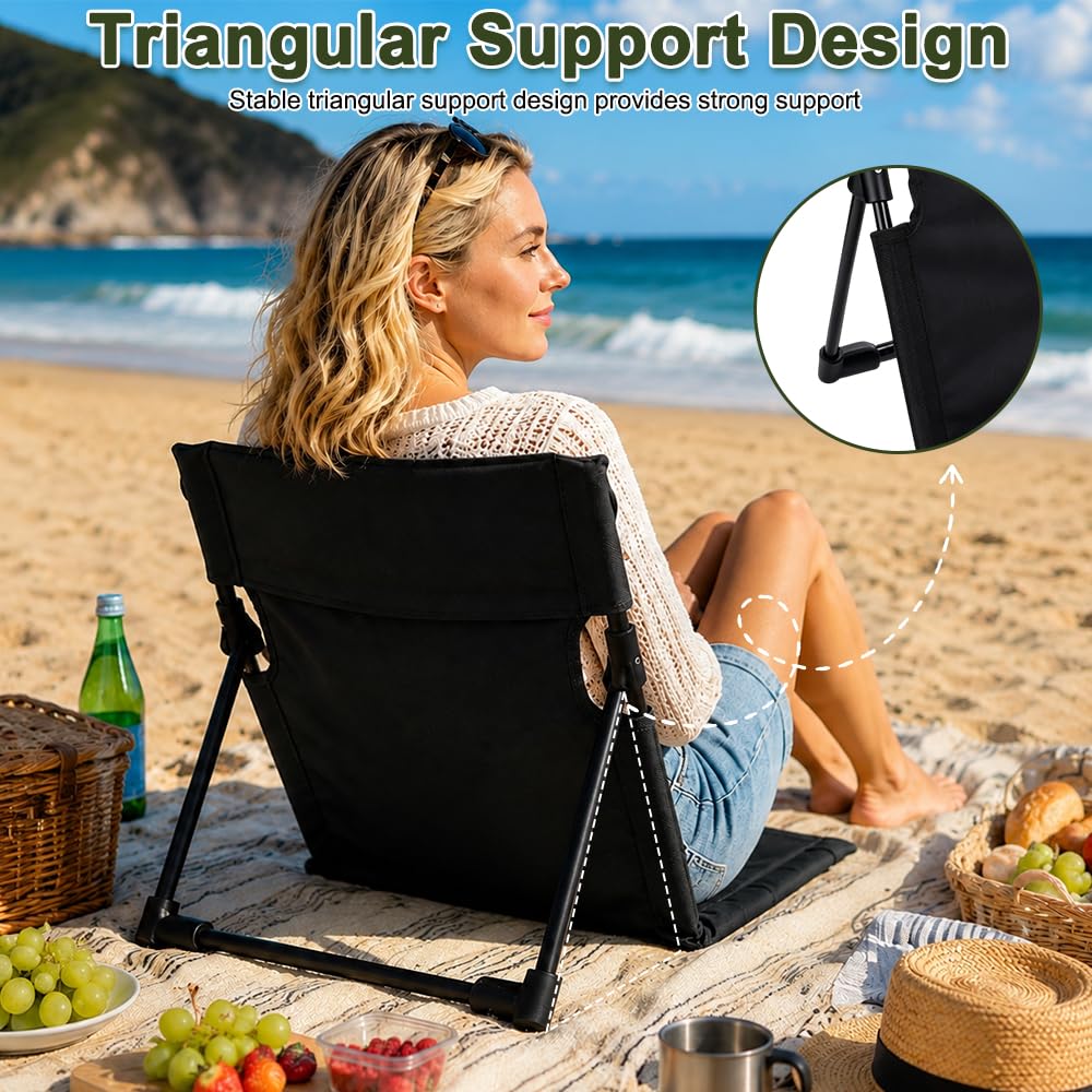Bodenstuhl mit Rückenlehne, Strandmatte Mit Rückenlehne, 600D Oxford-Gewebe Bodenstuhl Outdoor, Strandmatte Klappbar mit Tragetasche für Angeln, Picknick, Strand, Wandern (Schwarz)