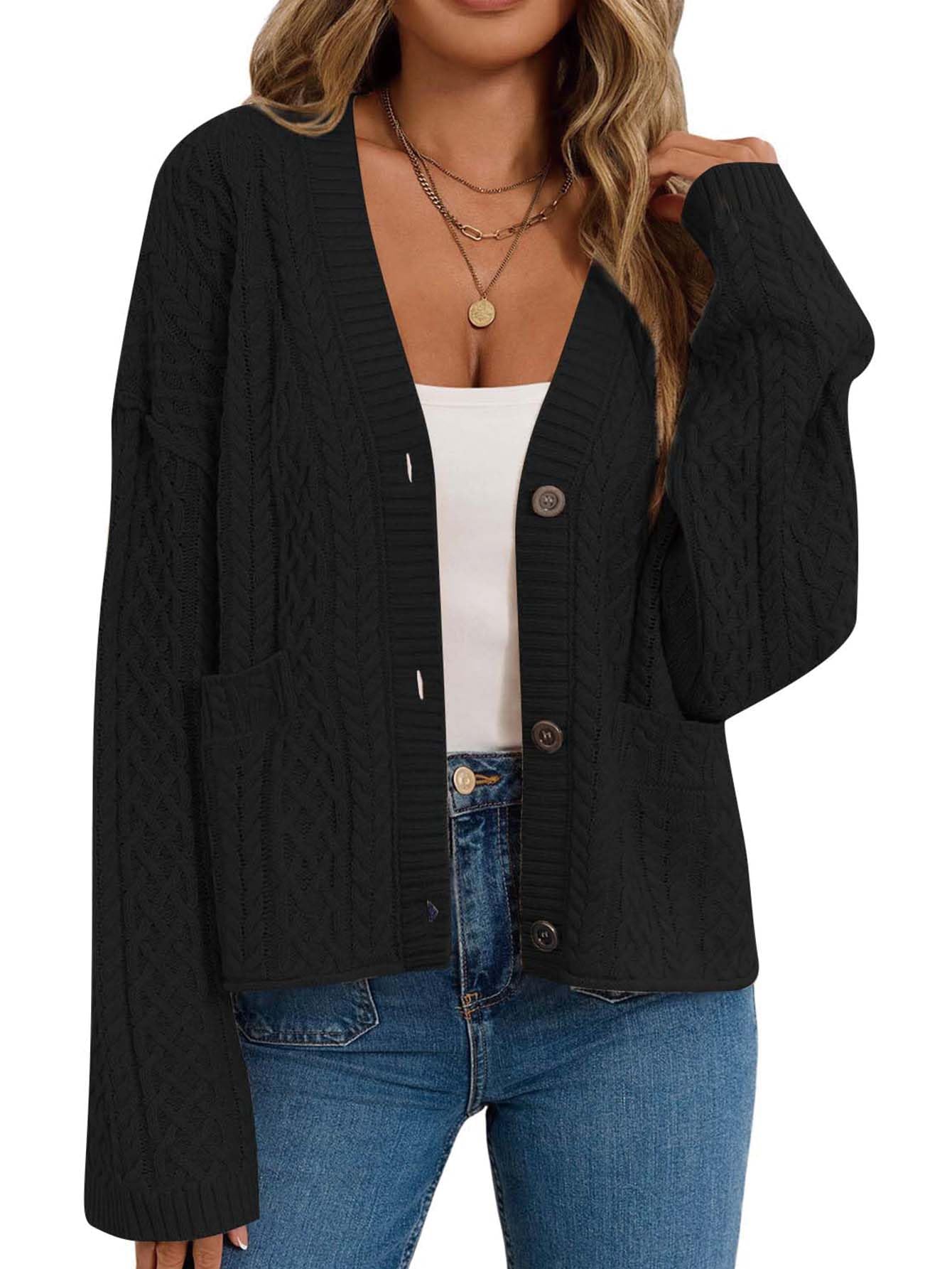 Womens Fall Chunky Knit Open Front Sweaters Long Sleeve Button Cardigan 2025 Loose Short Outerwear Coats