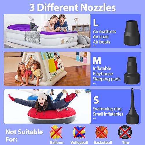 Miniatura 2 de Bomba de aire eléctrica para inflables, bomba de colchón de aire con 3 boquillas, bomba de aire portátil de 5 kPa con 110 V CA12 V CC, bomba de aire