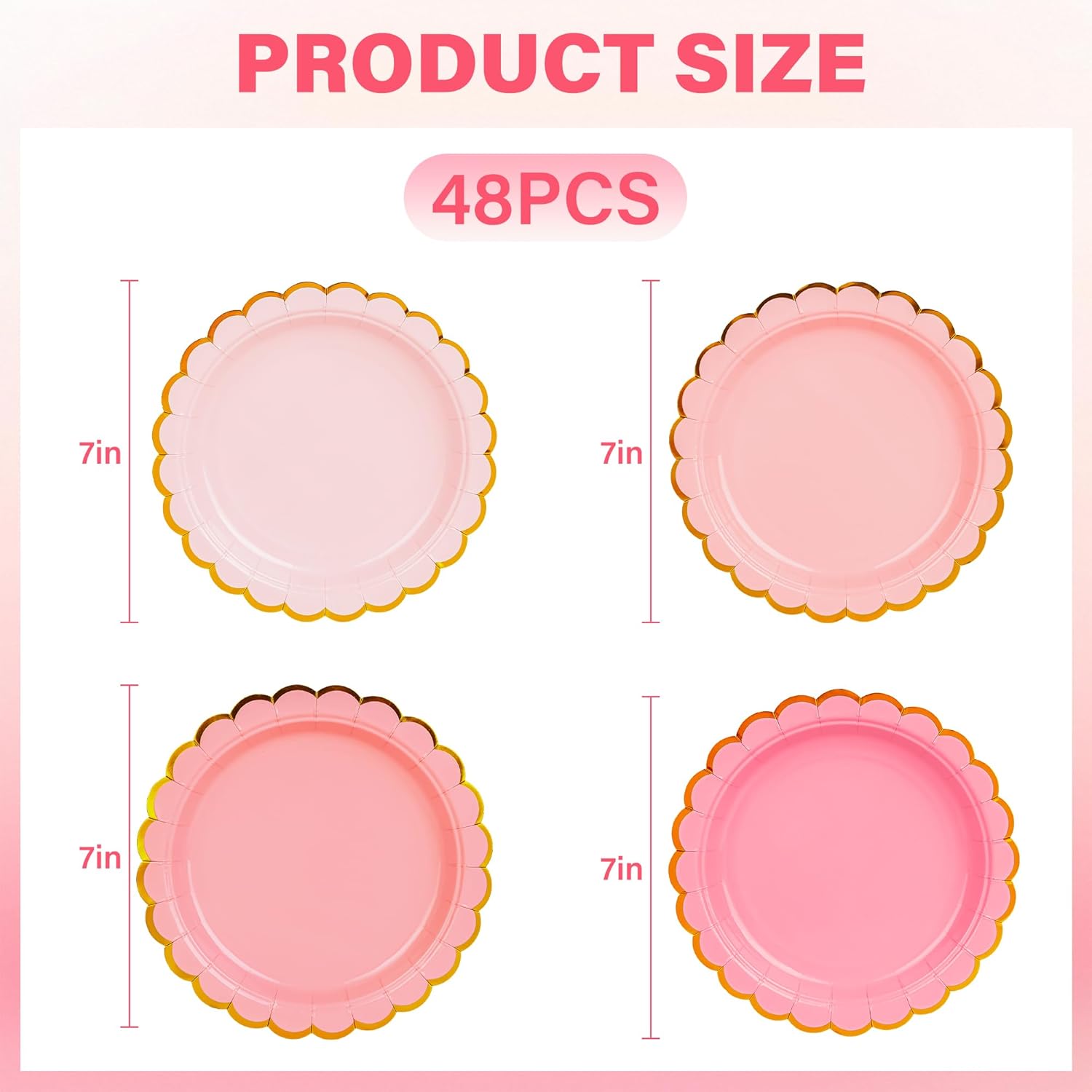 48Pcs Pink Paper Plates Gradient Color Disposable Dessert Party Plates 7inch Gold Foil Scalloped Plate for Valentines Day Bridal Baby Shower Wedding Tea Party Supplies - Image 2