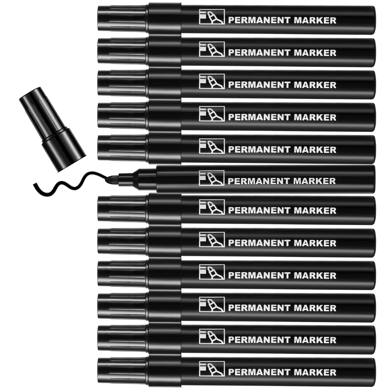 Blendura Rotulador Permanente Negro 12 rotuladores, Rotulador Negro Punta Cónica 1-3 mm de Secado Rápido para Plástico, Cartón, Piedra, Madera, Metal y Vidrio