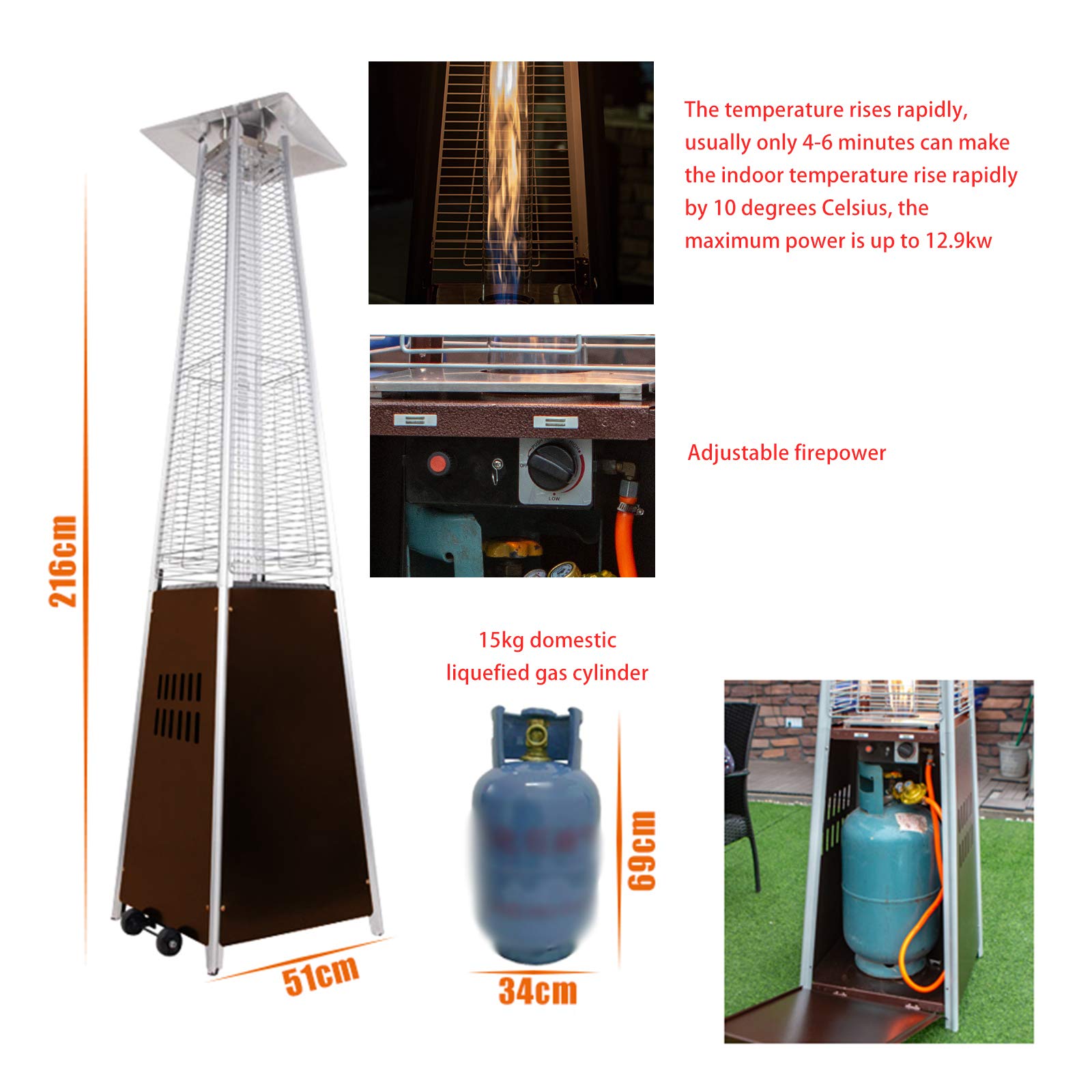 Stufa a gas a piramide a propano da pavimento, con ruote mobili, per barbecue all'aperto, ideale per campeggio e riscaldamento in giardino
