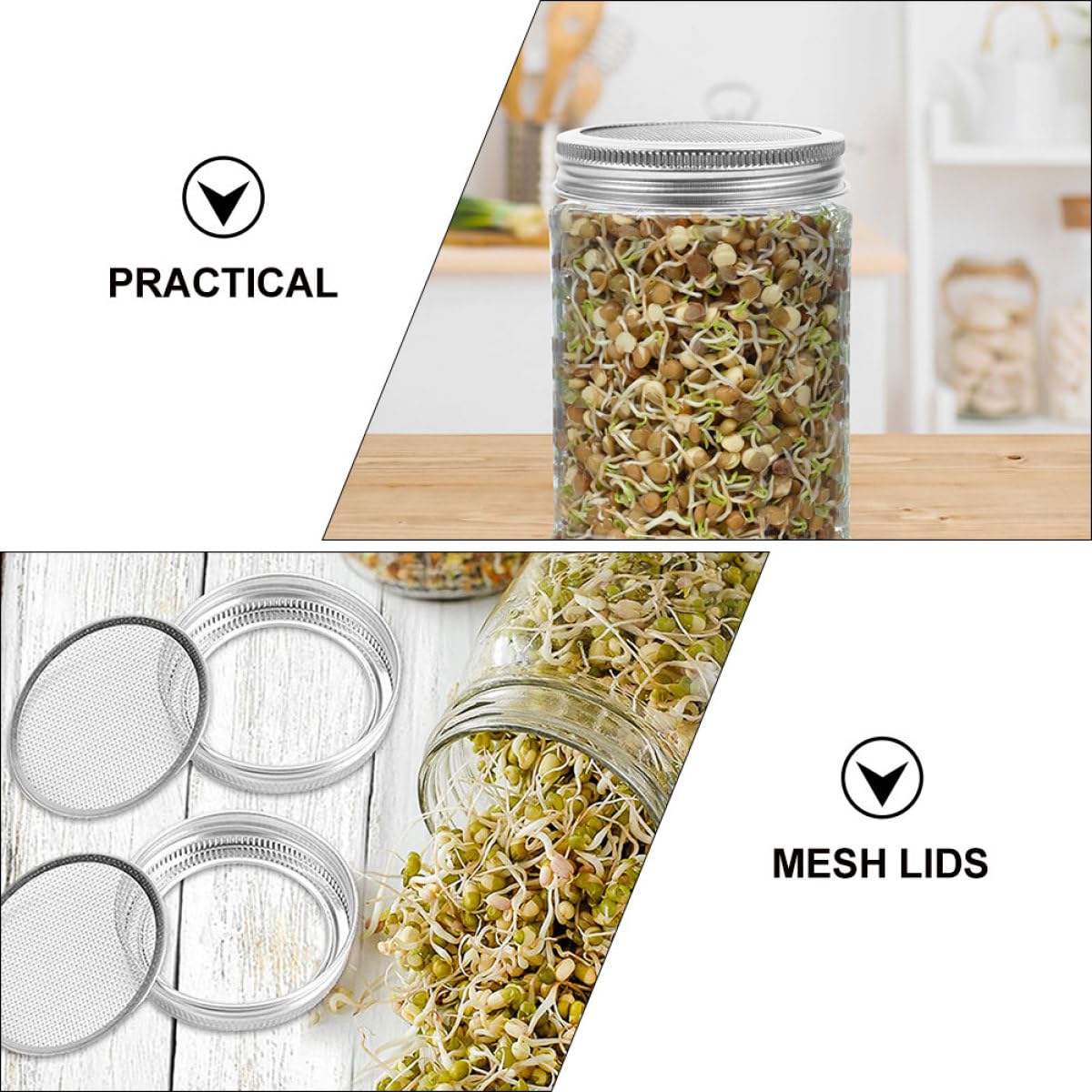SHINEOFI Tapas de Malla de Acero Inoxidable 304 para Frascos de Germinación de Boca Ancha, Kit de 6 Unidades Anillo de Sellado 70 Mm, Filtro Ventilado para Cultivo de Brotes en Cocina