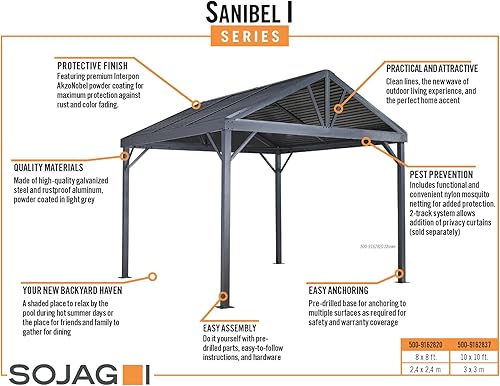 Miniatura 2 de Sojag Sanibel I - Cenador de techo rígido para exteriores, marco de aluminio resistente a la intemperie, refugio solar, color gris claro