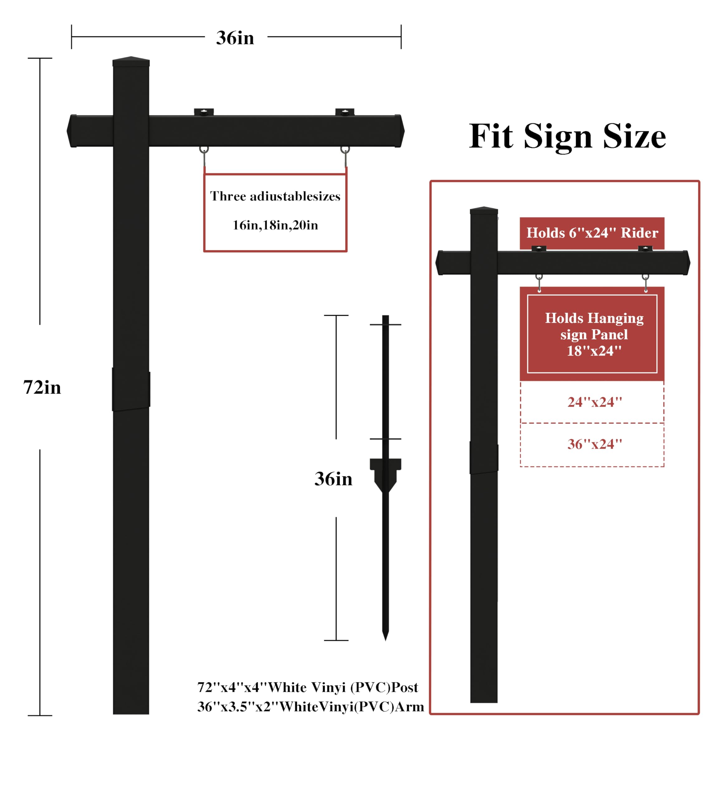 Letrero de vinilo PVC para bienes raíces de 6 pies de alto (4 x 4 x 72 pulgadas, el tamaño no se puede ajustar), brazo de 36 pulgadas con capacidad para hasta 24 pulgadas, letrero de patio