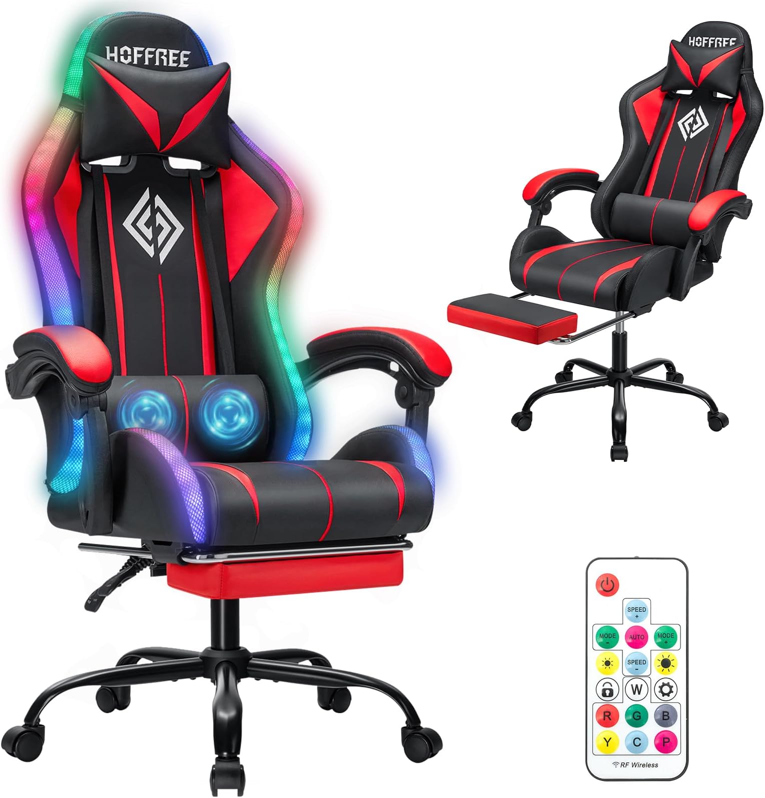 Gaming Chair Massage with LED RGB Lights and Footrest Ergonomic Computer Chair High Back Video Game Chair with Adjustable Lumbar Support Linkage Armrest Red and Black