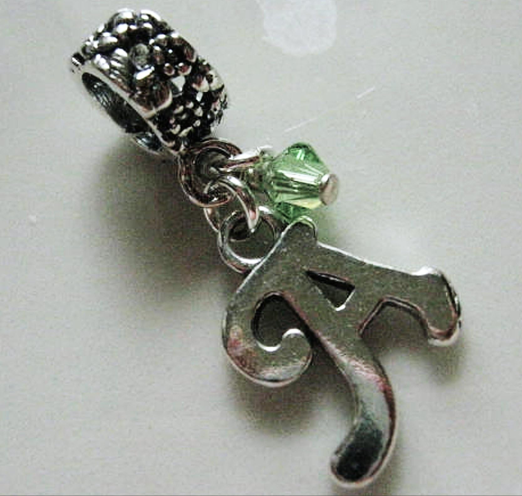 Initial A, Silver, Peridot Crystal Birthstone, Charm, Dangle Bead, European