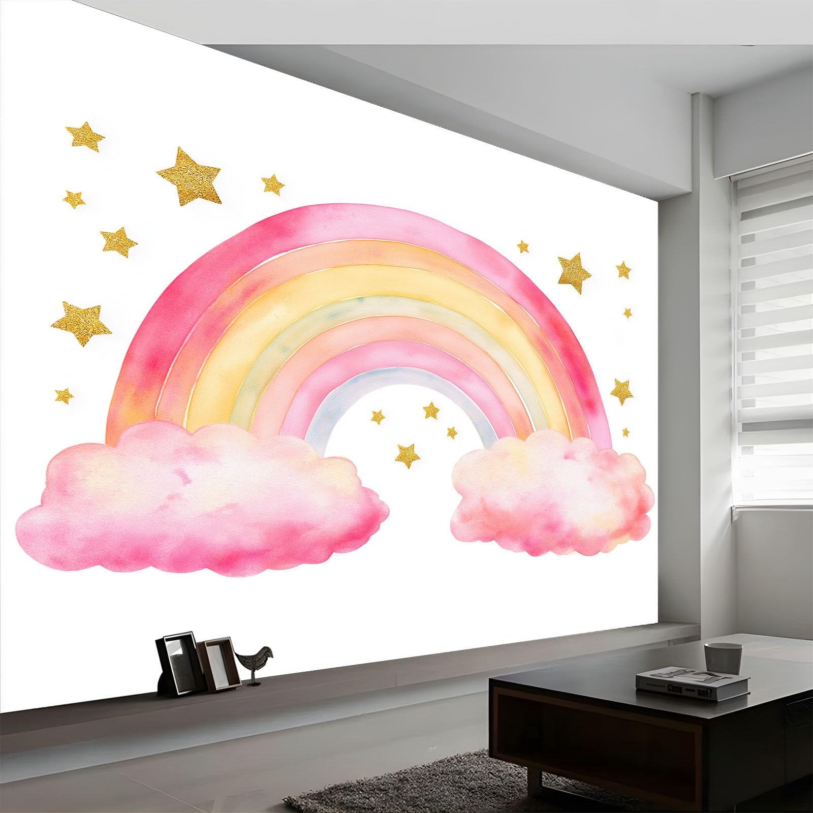 Fototapeta 3D, tęcza chmury, gwiazdy, 200 x 140 cm, tapeta z włókniny, tapeta z efektem 3D, dekoracja ścienna do pokoju dziecięcego, salonu, sypialni, kolor różowy