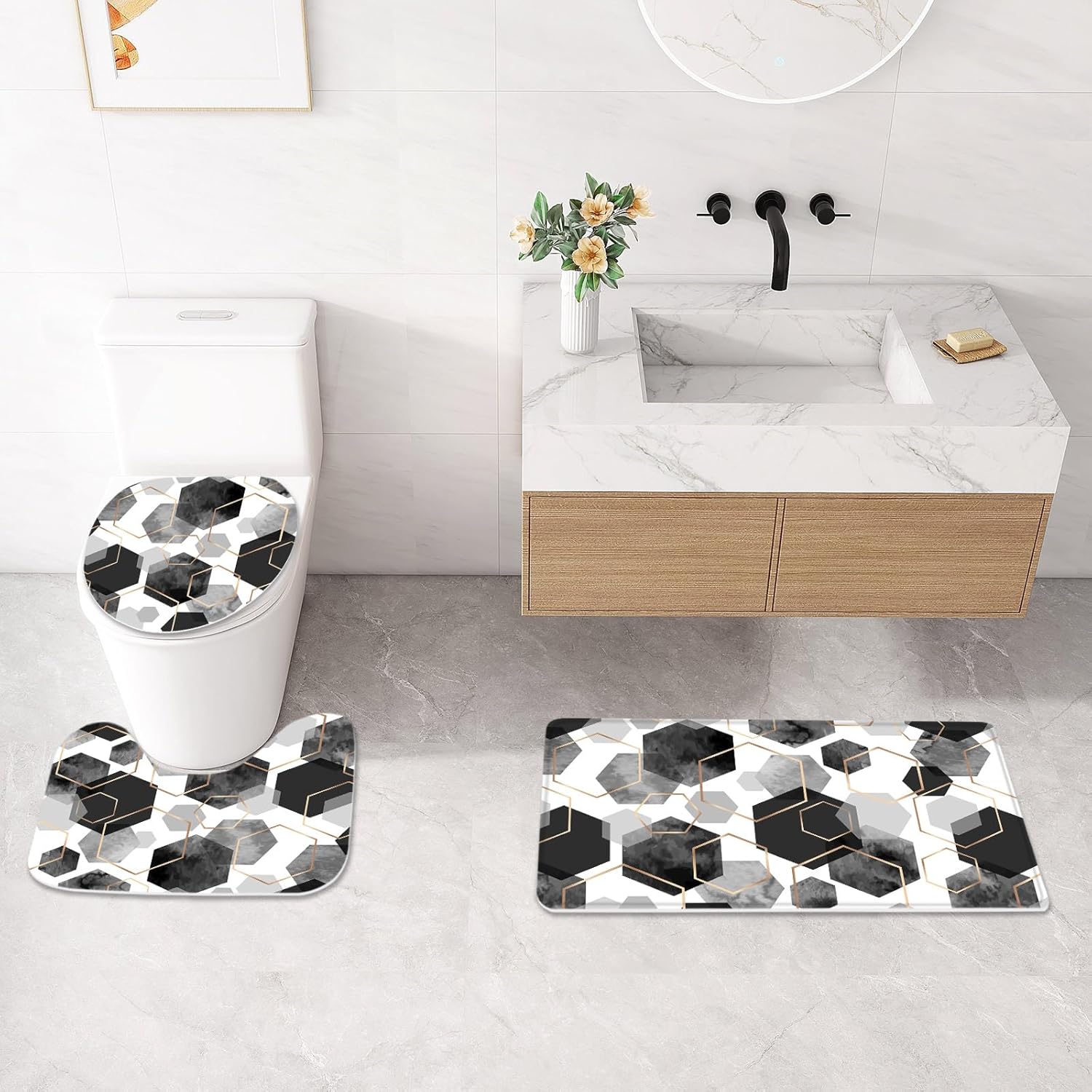 Litabel 4 Pcs Black and Grey Modern Geometric Shower Curtain Set with Non-Slip Rugs, Toilet Lid Cover and Bath Mat, Abstract Bathroom Decor Set with Shower Curtain and Rugs