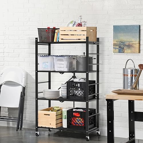 Miniatura 2 de Himix Estantes de almacenamiento con ganchos, estantería de metal plegable sobre ruedas, estantes plegables sin montaje para almacenamiento,