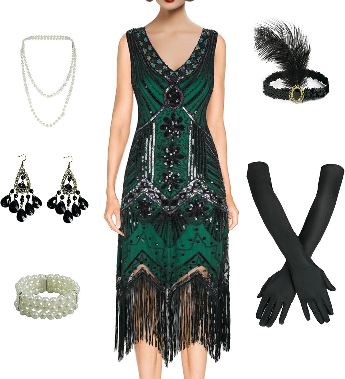 Women's 1920s Flapper Dress Vintage Lace Fringed Gatsby Cocktail Dress with 20s Accessories Set