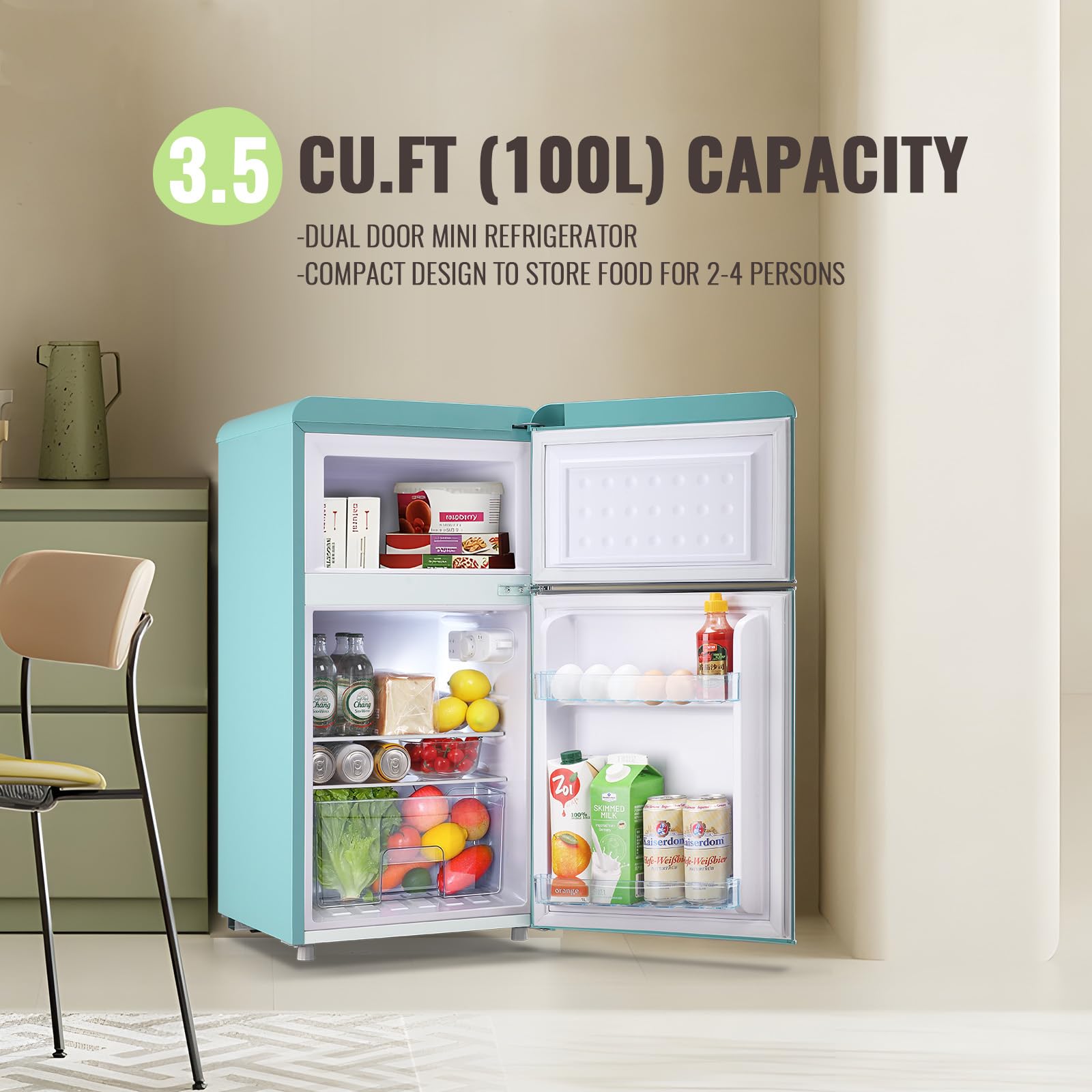 Demuller 3.5 Cu.Ft Retro Mini Fridge With Double Door Small Refrigerator With Top Freezer & Egg Rack & 7 Adjustable Temperature & Apartment Size Blue on Fridge.com - View 2
