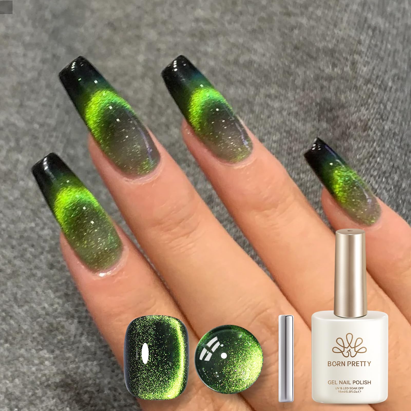 Born Pretty Green Wormhole Cat Magnetic Eye Gel Nail Polish 9D Gel Polish | Holorgraphic Cat Magnetic Eye Gel Polish Glitter Gel Polish for Party Festival Halloween Nail Artists & Salon Technician 15ML