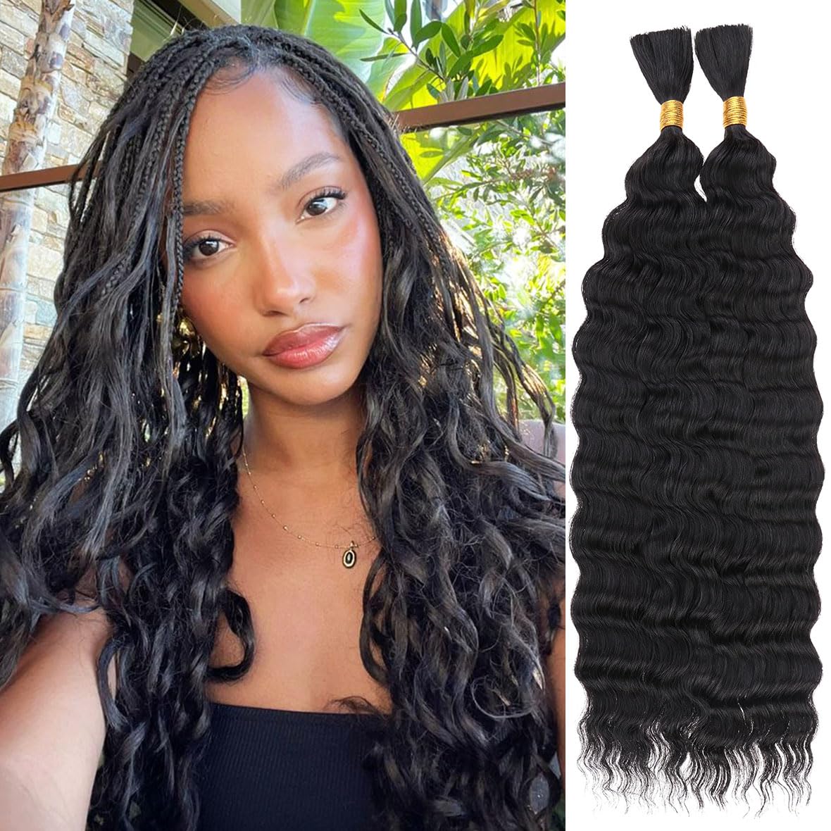 Kachanaa 18 Inch Black 20% Mixed Curly Deep Wave Braiding Human Hair Extensions for Goddess Braids 2 Bundles Deep Wave Crochet Human Hair for Boho Box Goddess Braids /1B#