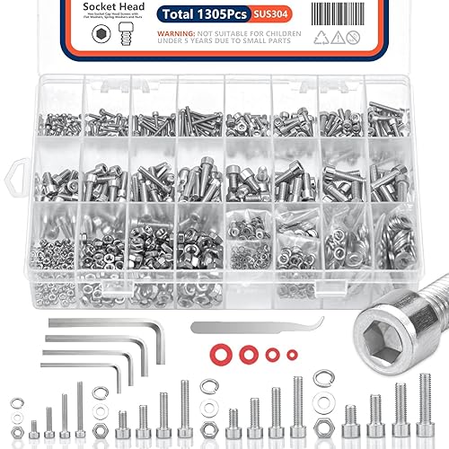 Kit surtido de tornillos métricos de 1305 piezas - (arandelas planas y cerraduras, llaves) pernos de acero inoxidable, tuercas, tornillos de tapa de