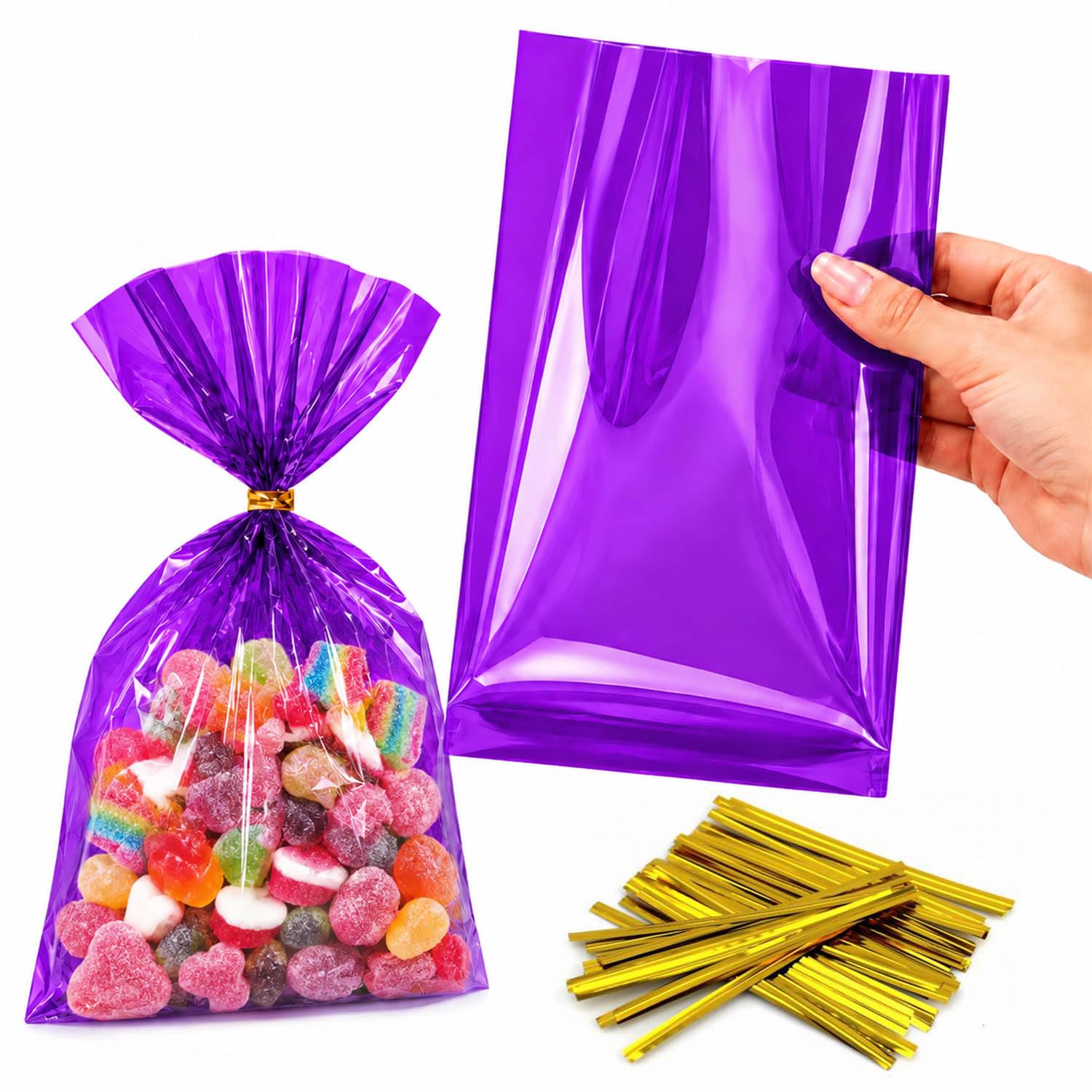 Purple Cellophane Bags, 100 Pack, 6 x 9 Inch (15 x 23 cm) Cello Sweet Bags with 100 Gold Twist Ties, Semi-Transparent OPP Gift Bags for Sweets, Biscuits and Party Favours