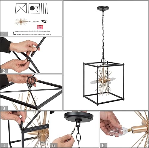 Miniatura 5 de Durent Lighting Moderno candelabro de oro negro, lámpara colgante cuadrada de 4 luces con diseño de explosión de estrellas, lámpara Sputnik de