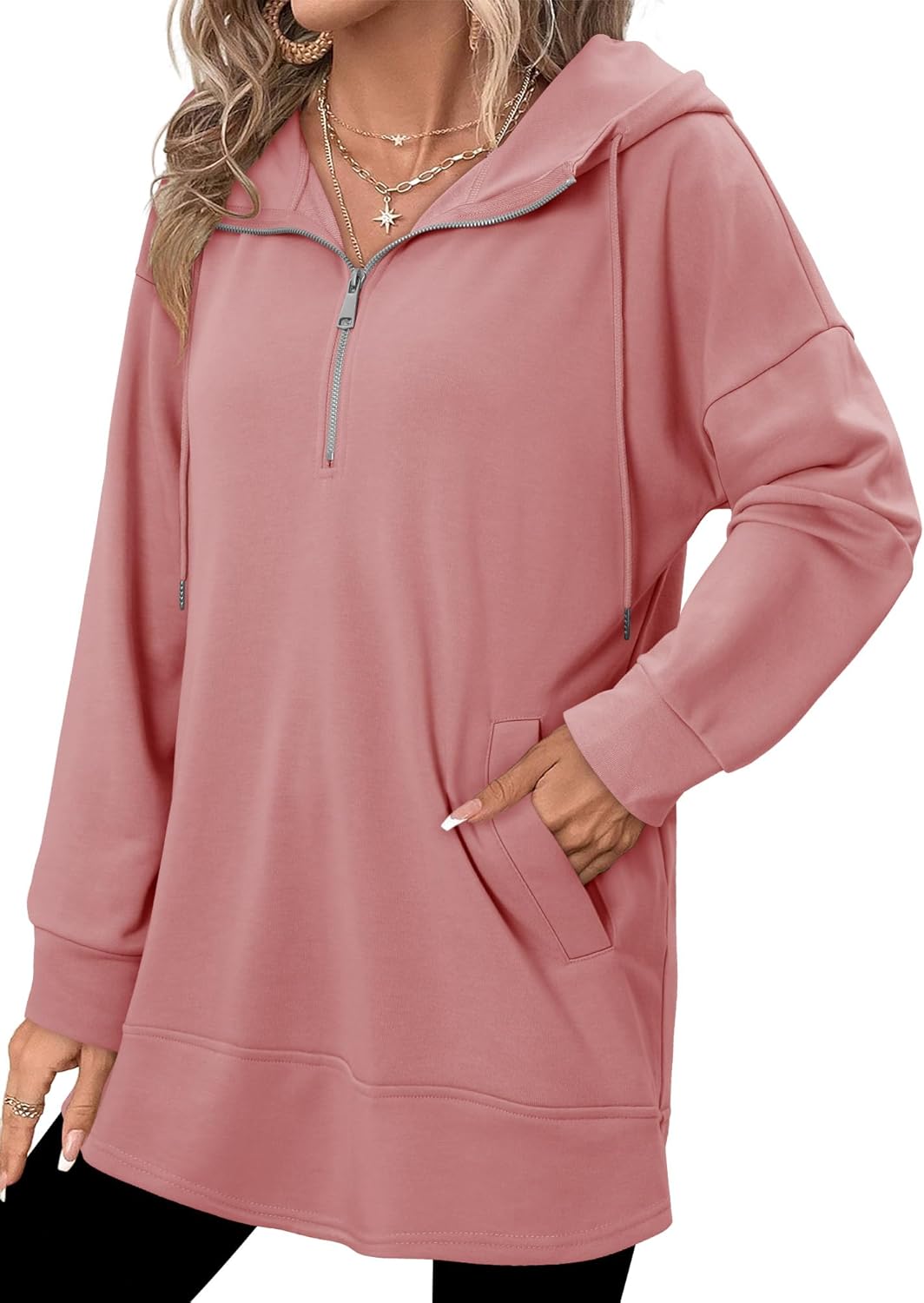 onlypuff Women Hoodie Pullover Trendy Quarter Zipper Lapel Sweatshirts Drawstring Cute Hooded Tunic Tops with Side Pockets - Image 4