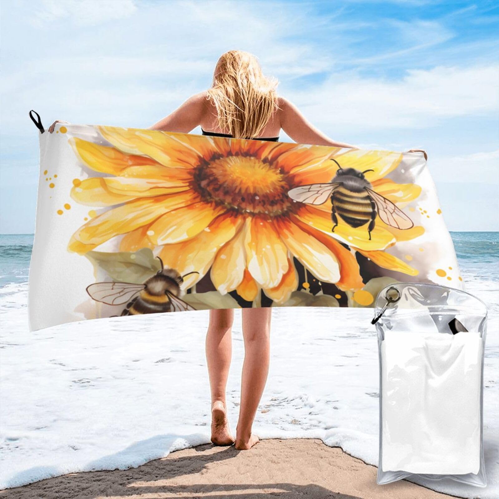 DWVTSLH Microfiber Sand Free Beach Towel 27.5"x55", Quick Dry Absorbent Travel Towel Large Camping Blanket, Blackboard Bees Sunflowers Bath Towels Lightweight Pool Swim Towels for Vacation Essentials
