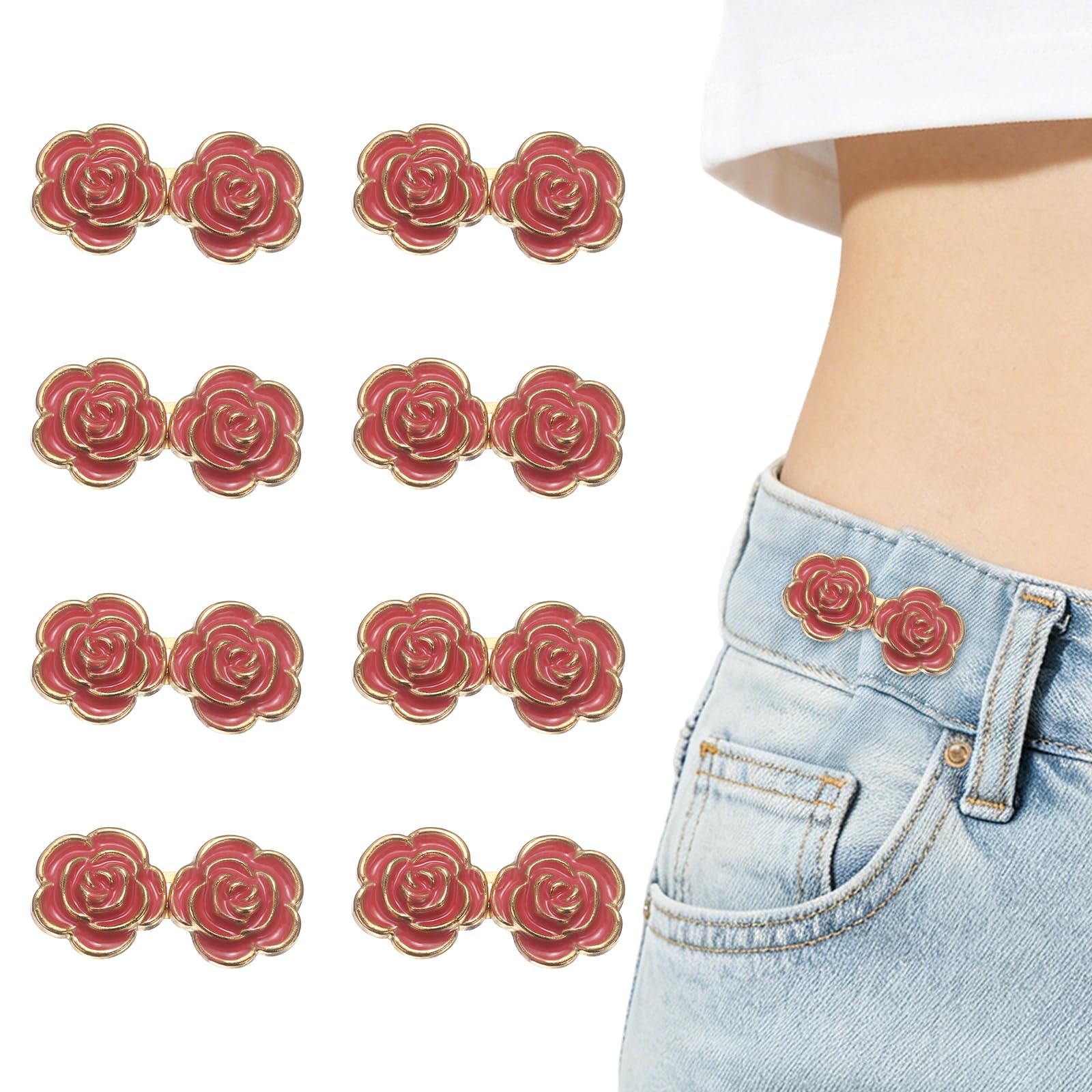 sourcing map 8 Sets Pant Waist Tightener, Adjustable Rose Waist Buckles Clips No Sewing Detachable Decorative Jean Button Pins for Loose Jeans Denim, Red