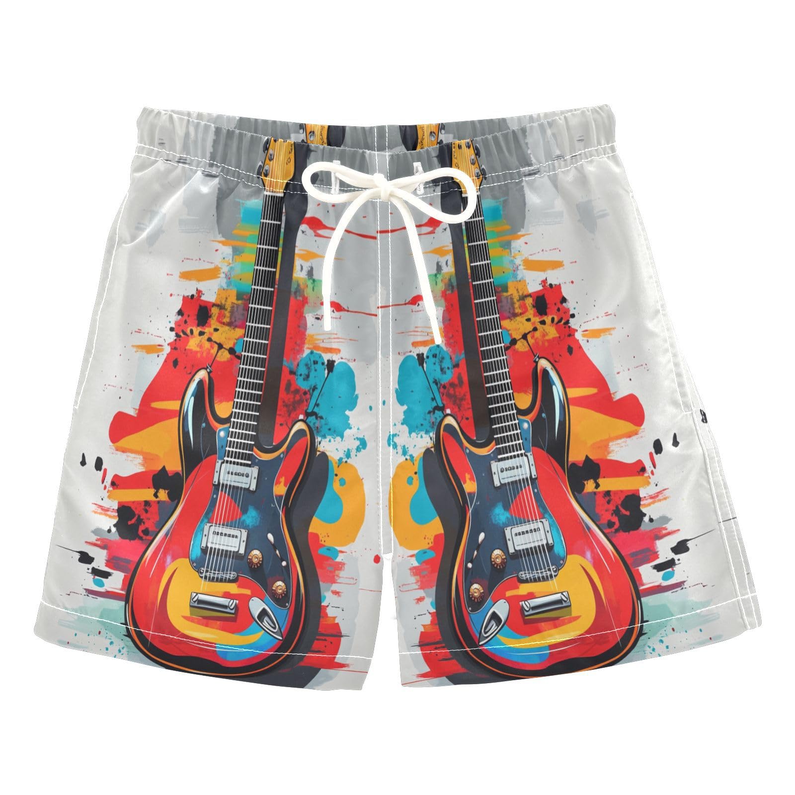 Jucciaco Boys Swim Trunk Music Guitar Watercolor Beach Board Shorts Teen Swimwear Multicolor