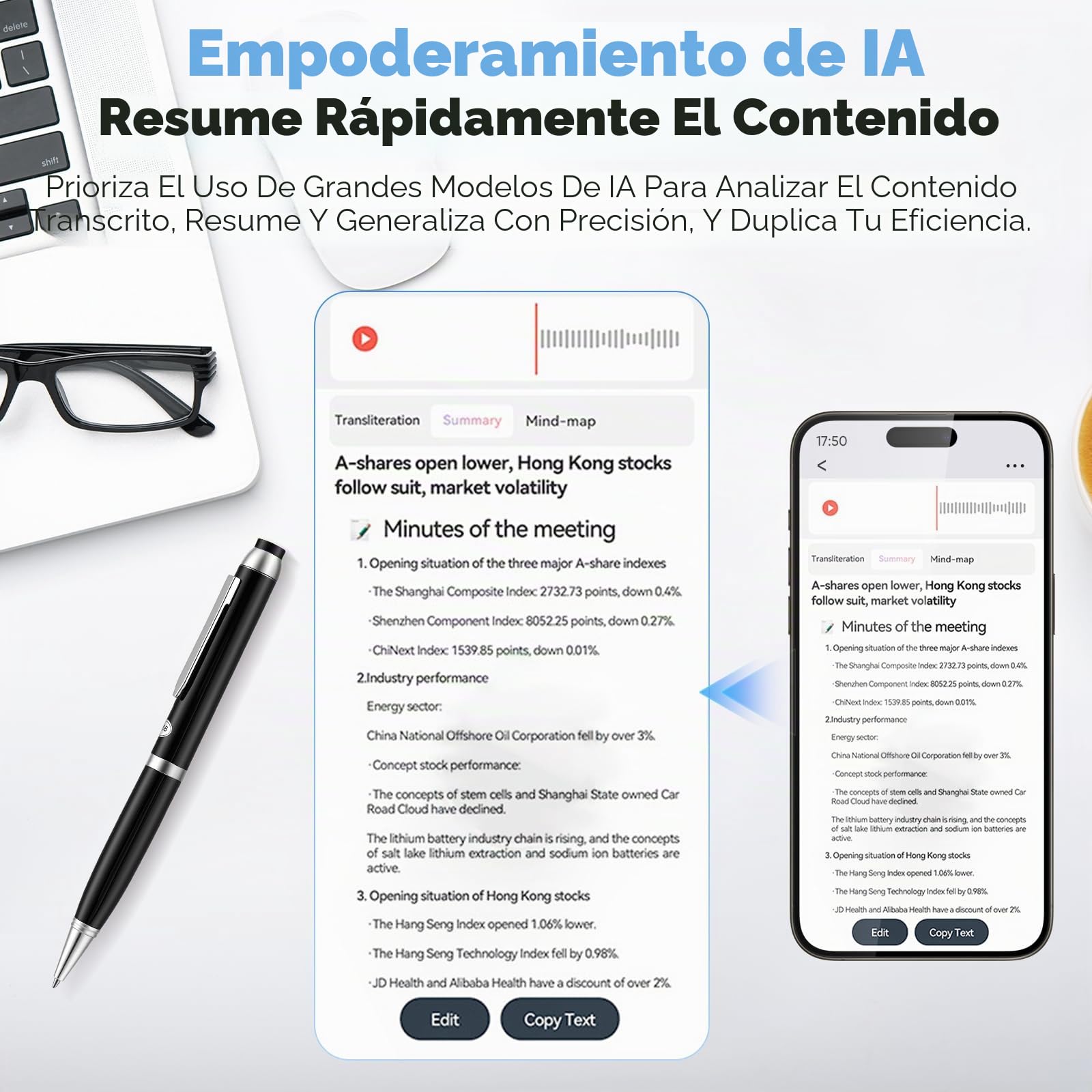 Grabadora de voz con transcripción en tiempo real y traducción - Lápiz de grabación de voz con micrófono de 360°, batería de 10h, 64 GB + nube, control de aplicación, un toque para reuniones
