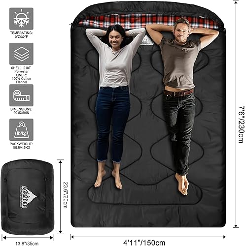 Miniatura 7 de AGEMORE Saco de dormir doble de franela de algodón para adultos, saco de dormir impermeable para clima frío, tamaño Queen, para 2 personas, doble