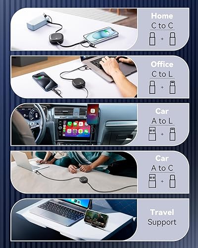 Miniatura 3 de Cable USB retráctil 5 en 1 tipo C de 100 W, paquete de 2 cables de carga múltiple 5A, cable USBC con cargador USB A+C a LC para artículos esenciales