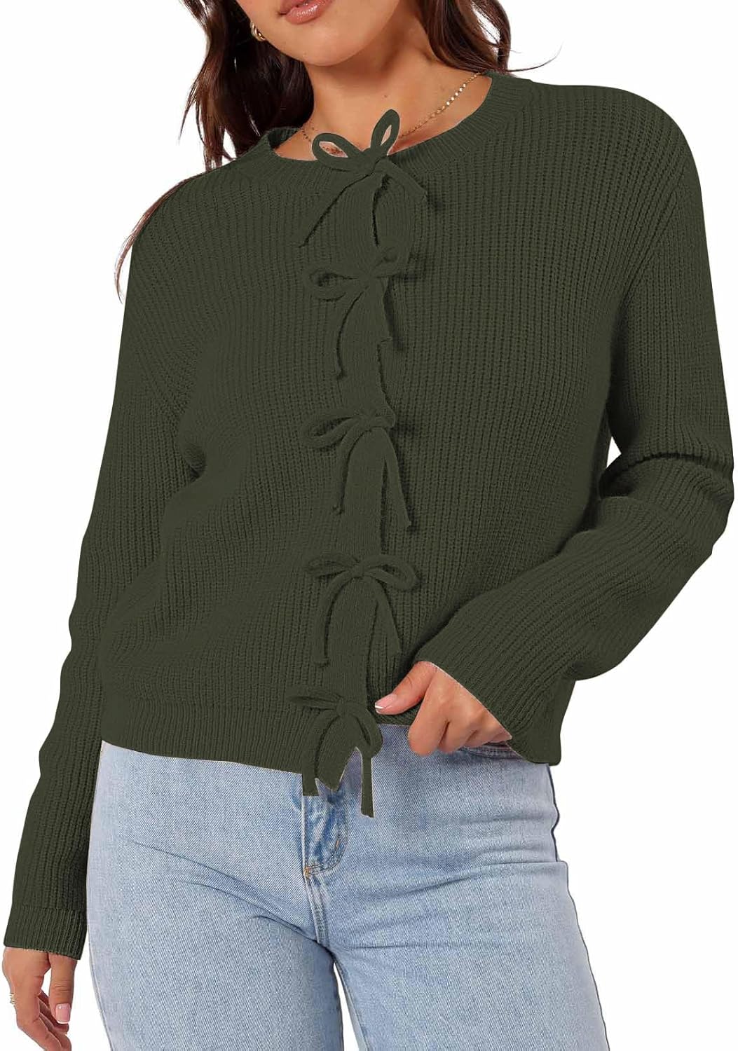 Women's bow-button cardigan with open front