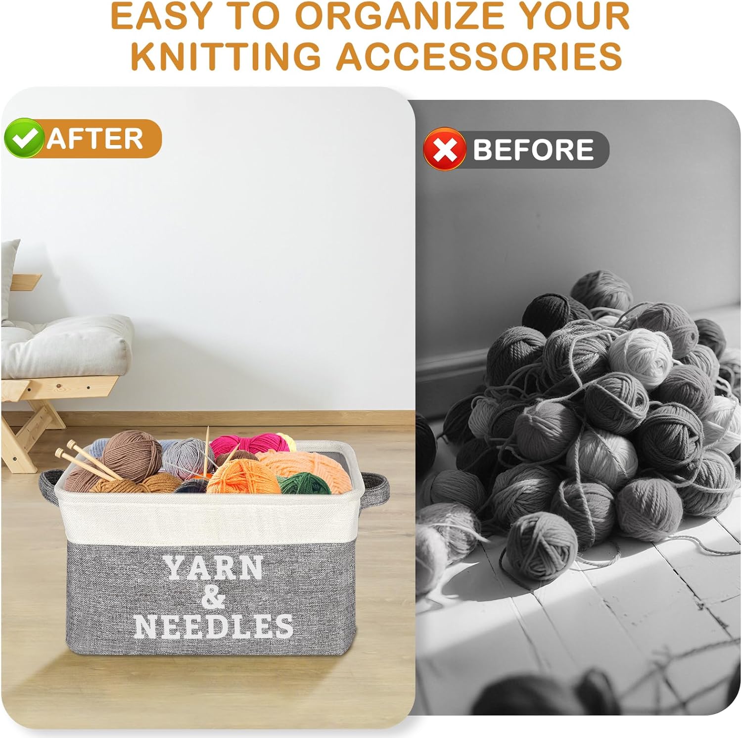 Lukeline Foldable Yarn Storage Basket - Portable Grey Knitting Organizer with Handles, Collapsible Yarn Storage Organizer Sewing Craft Basket for Needles and Crocheting Supplies, Gift for Knitters