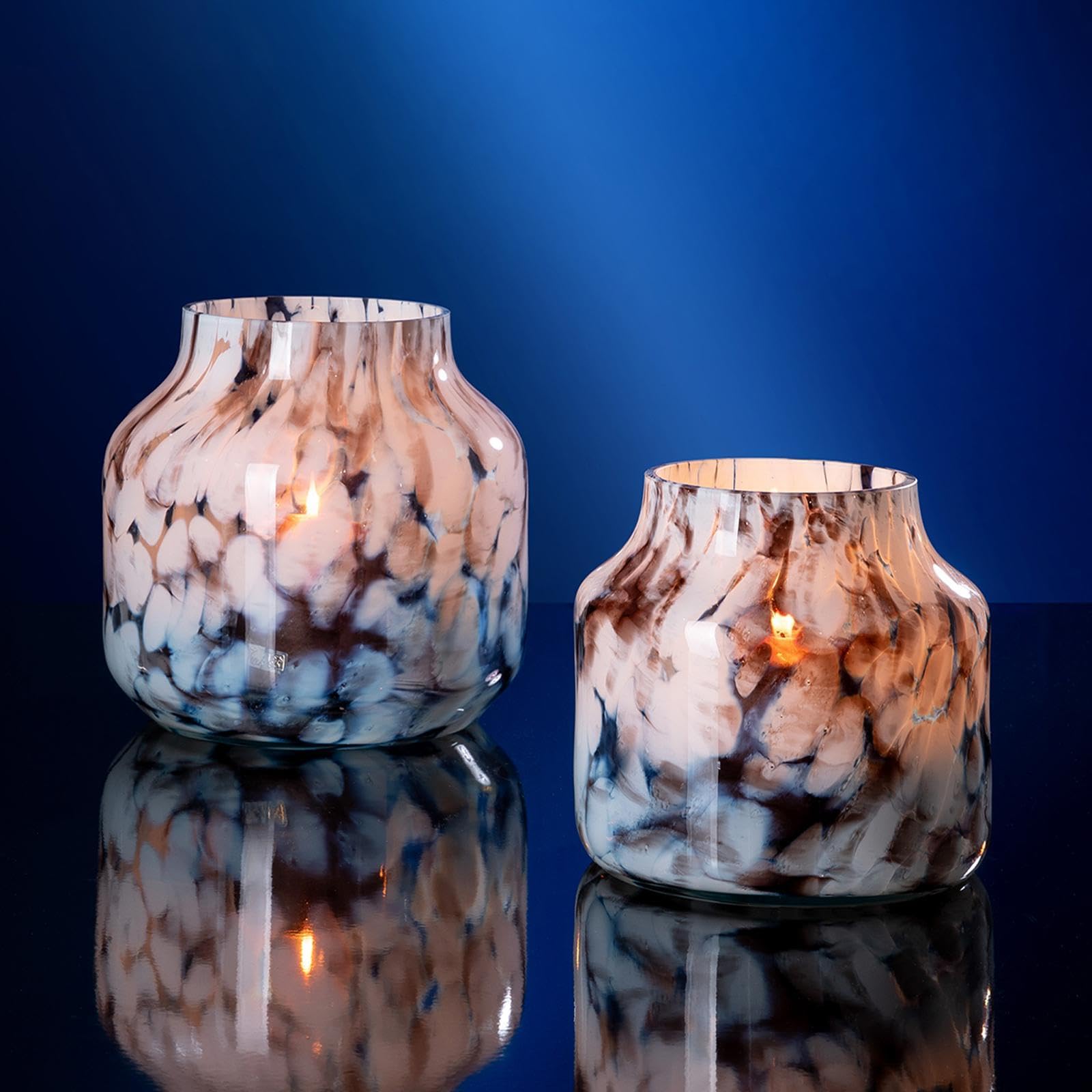 Fink großes Glas-Windlicht 19 cm braun-weißer Kerzenhalter für Stumpenkerzen
