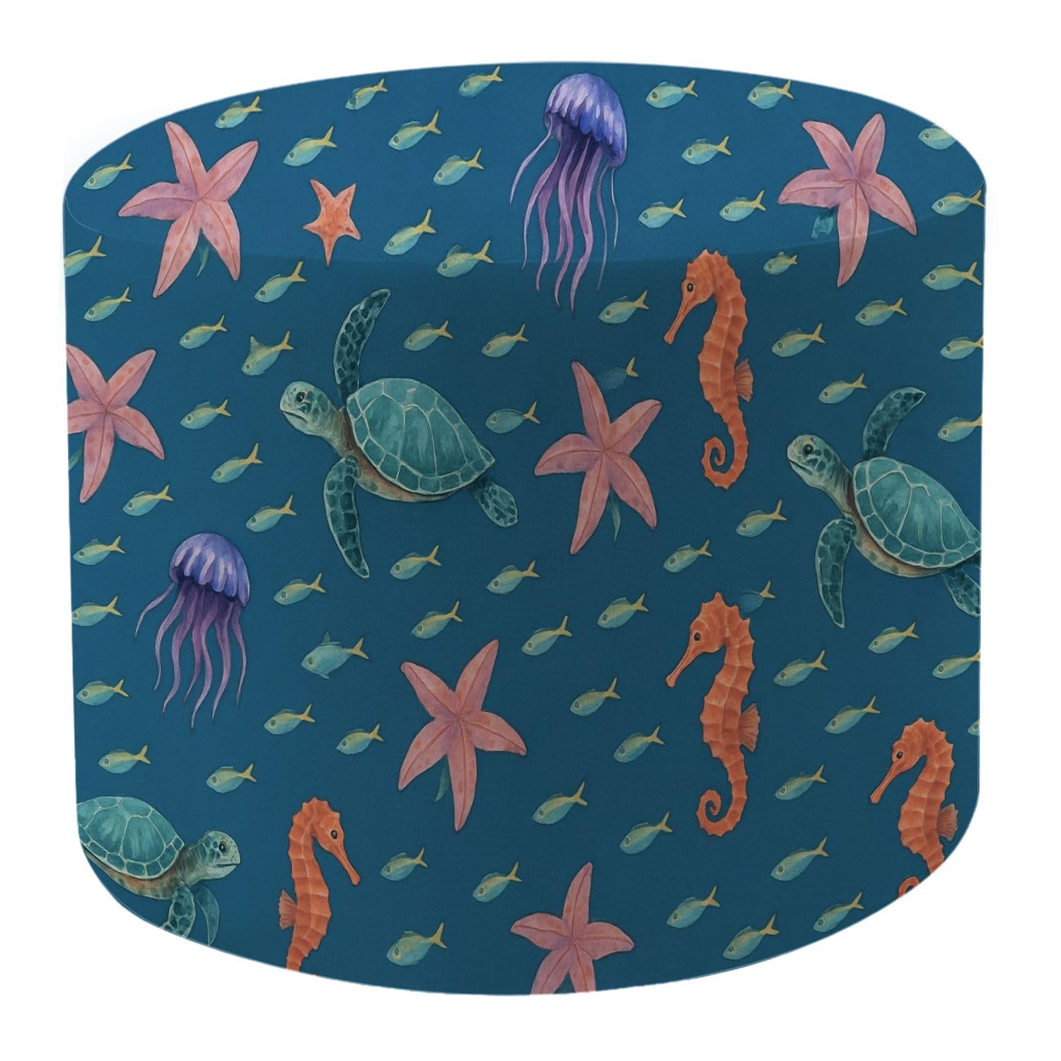Round Pouf Ottoman Watercolor seamless blue sea turtle jellyfish seahorse fish starfish Foot Stool Foot Rest Floor Stool Bean Bag Chair Cotton Linen Removable Indoor Outdoor for Living Room Bedroom