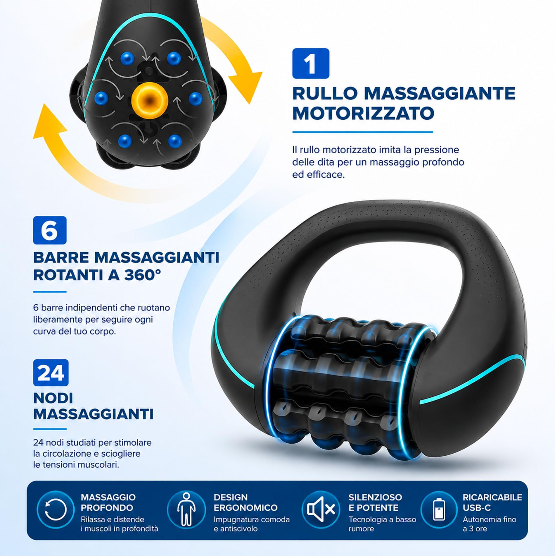 Massaggiatore Cellulite Elettrico Ricaricabile, Massaggiatore Corpo Anticellulite con 3 Velocità, 6 Rulli e 24 Nodi Massaggianti, Ideale per Cervicale, Schiena, Gambe e Muscoli