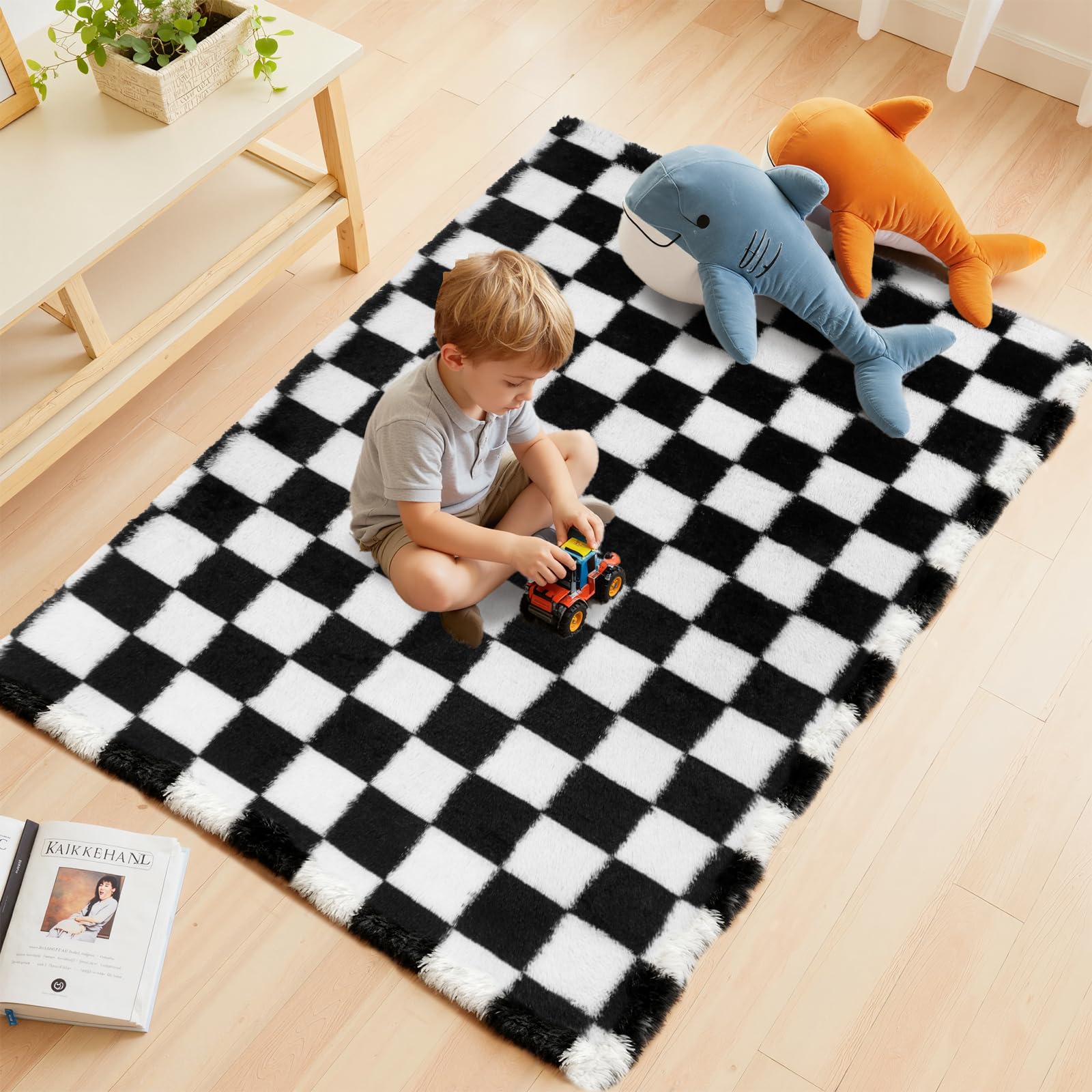 Enyhom Tappeto Salotto Scacchi Moderno 120 x 180 cm, Pelo Lungo Tappeto Camera da Letto Scendiletto Peluche Super Morbido Tappeti Salotto Antiscivolo Lavabile in Lavatrice Tappetino per Soggiorno