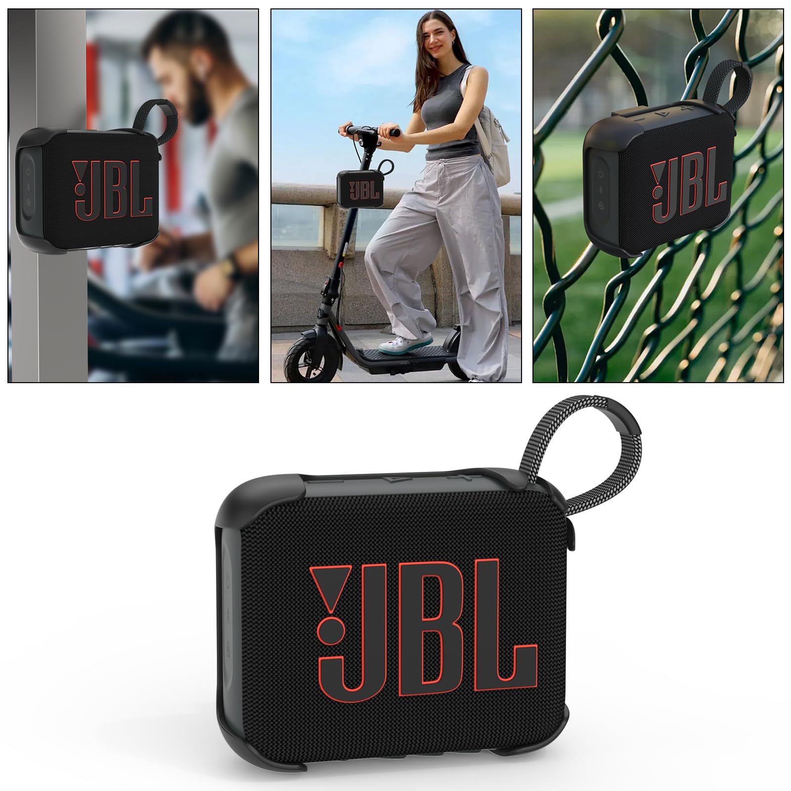 3-in-1 Magnetische Halterung mit abnehmbarem Anti-Rutsch-Gurt für JBL GO 4 Tragbare Bluetooth-Lautsprecher, Golfwagen/Lenker/Stangen/Fahrrad/Motor/Wohnmobile/Geländefahrzeuge & Wandhalterungen