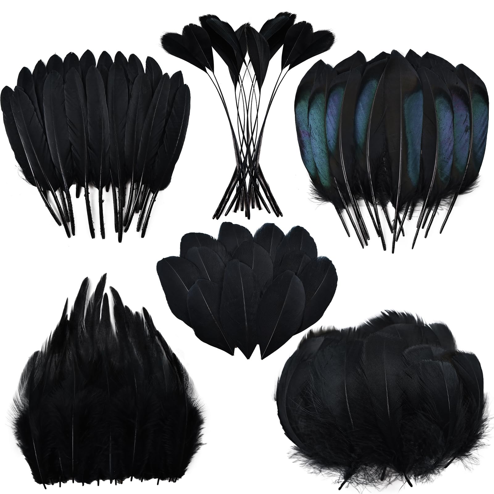 Black Craft Feathers Bulk - 180pcs 6 Style Mixed Natural Feathers for Wedding Home Party,Dream Catcher Supplies and DIY Crafts (Black)