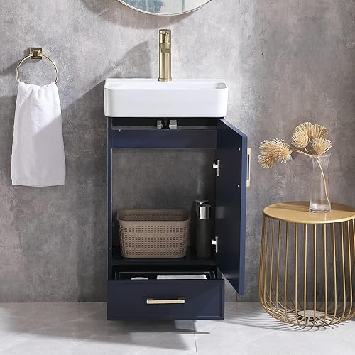 Miniatura 7 de Popity home Juego de tocador de baño de 18 pulgadas con lavabo, tocador de baño pequeño con fregadero de recipiente empotrado, armario de baño azul