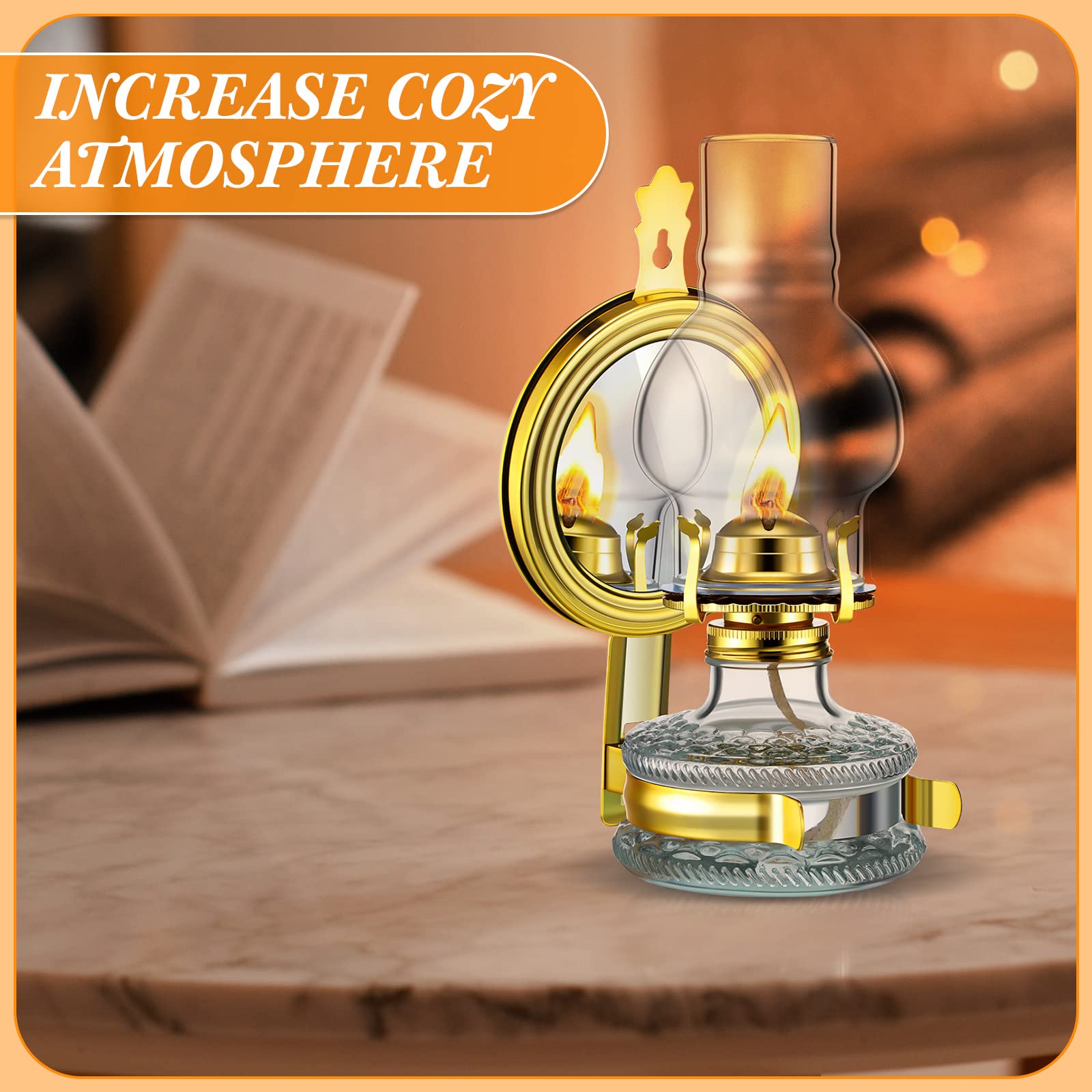 Yexiya Large Kerosene Lamp Lantern Large Chamber Oil Lamp Wall Mounted Kerosene Lamp Vintage Glass Clear Kerosene Lamp Rustic Oil Lamp with Oil Wick for Indoor Use Home Decor Lighting (Gold, 4 Pcs)