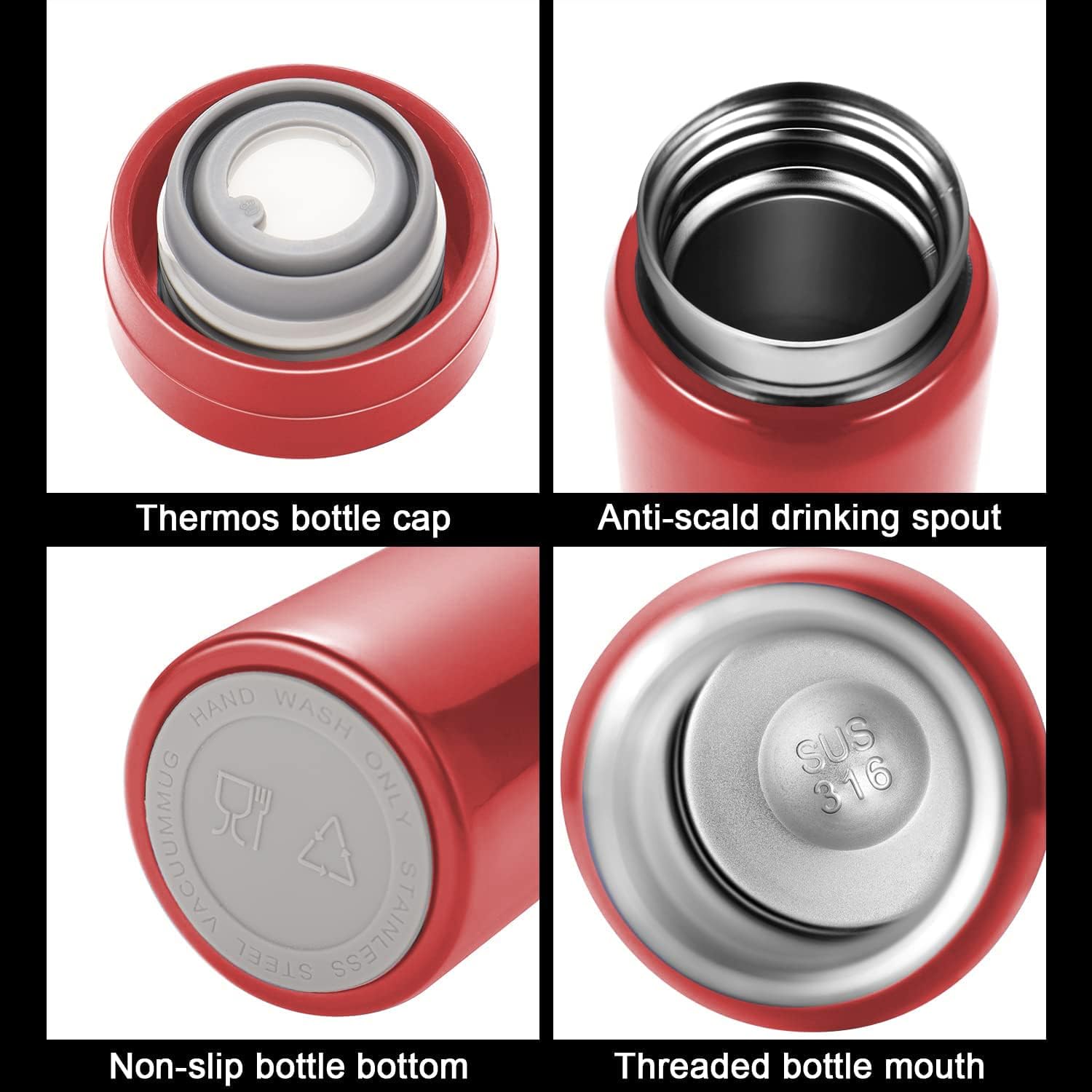Mini Water Bottle Cute Water Bottle - 7 oz Tiny Insulated Vacuum 18/10 Stainless Steel Small Flask - Leak Proof & Spill Proof & Keeps Cold and Hot for Drink, Coffee, Tea - Red - Image 3