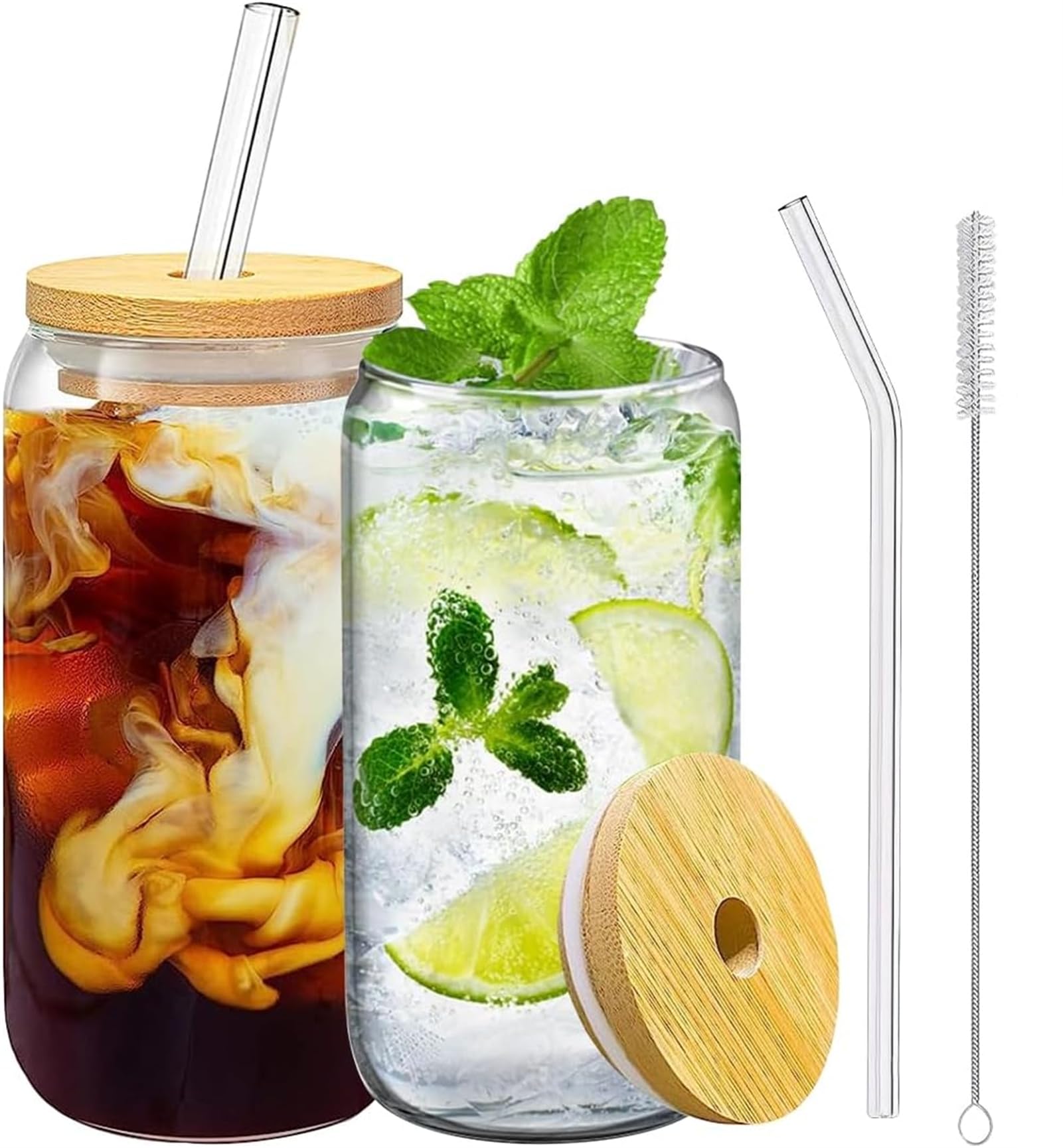 TAME Glass Cups with Bamboo Lids and Straws,16OZ Ice Coffee Cup, Beer Can Shaped Drinking Glasses Set of 2, Drinking Cup with lid, Cute Glass Tumblers for Beer, Cocktail, Tea and Latte