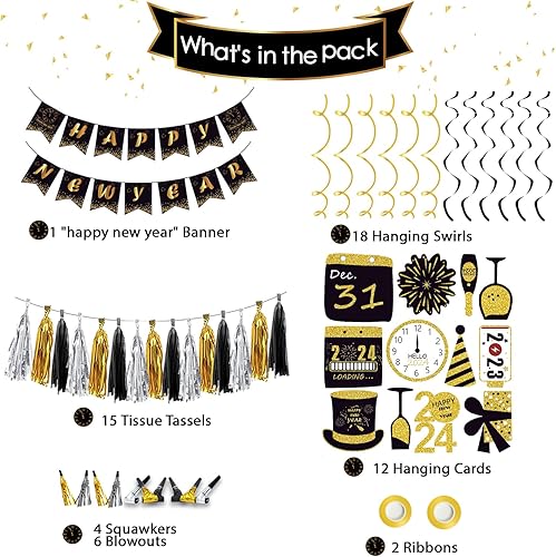 Miniatura 3 de Suministros para fiesta de Año Nuevo 2024  Paquete de decoraciones de fiesta de Año Nuevo que incluye globos, remolinos colgantes, soplos, borlas de